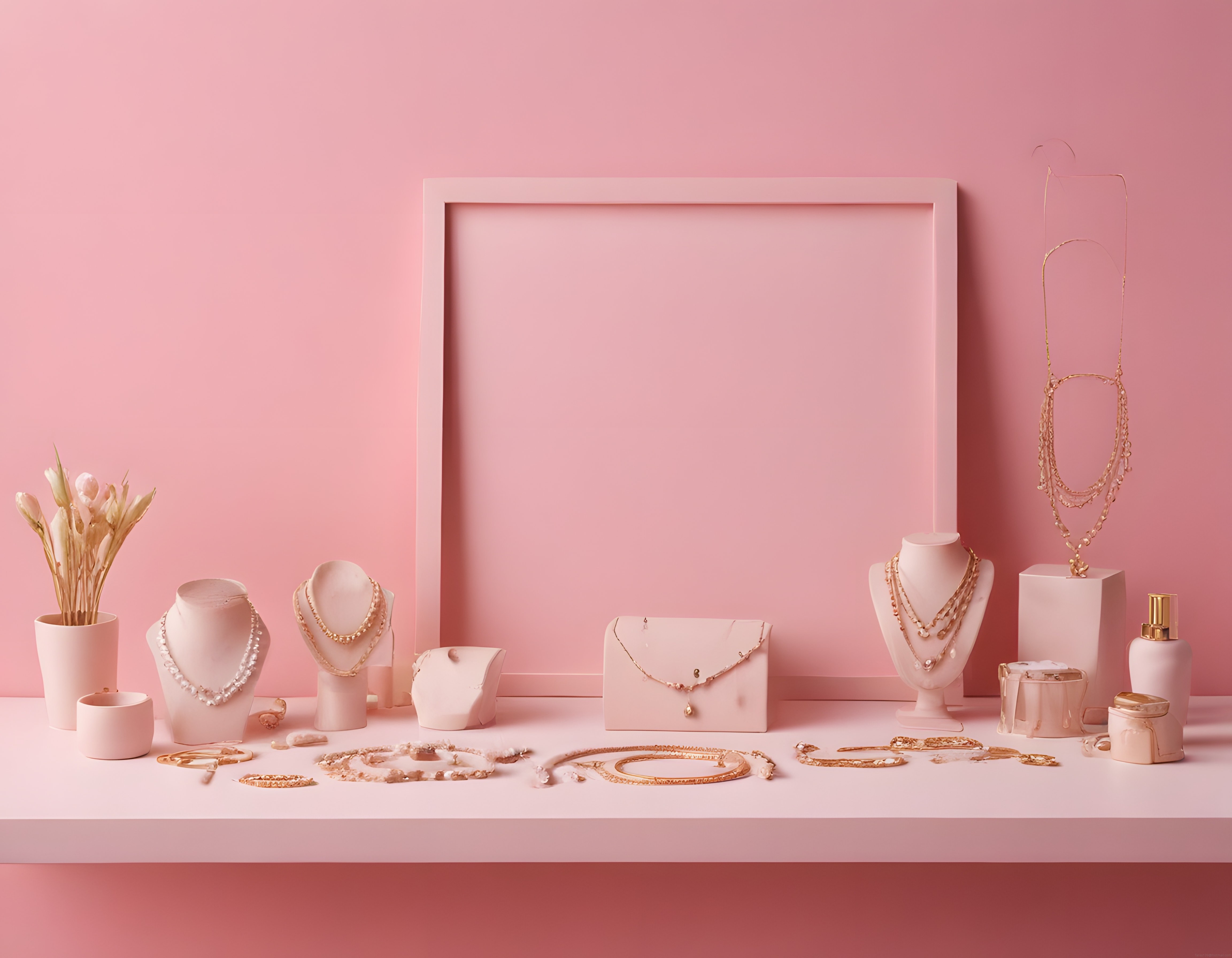 Pembe Fon Üzerinde Şık Altın Takı ve Parfüm Aksesuarları Düzenlemesi