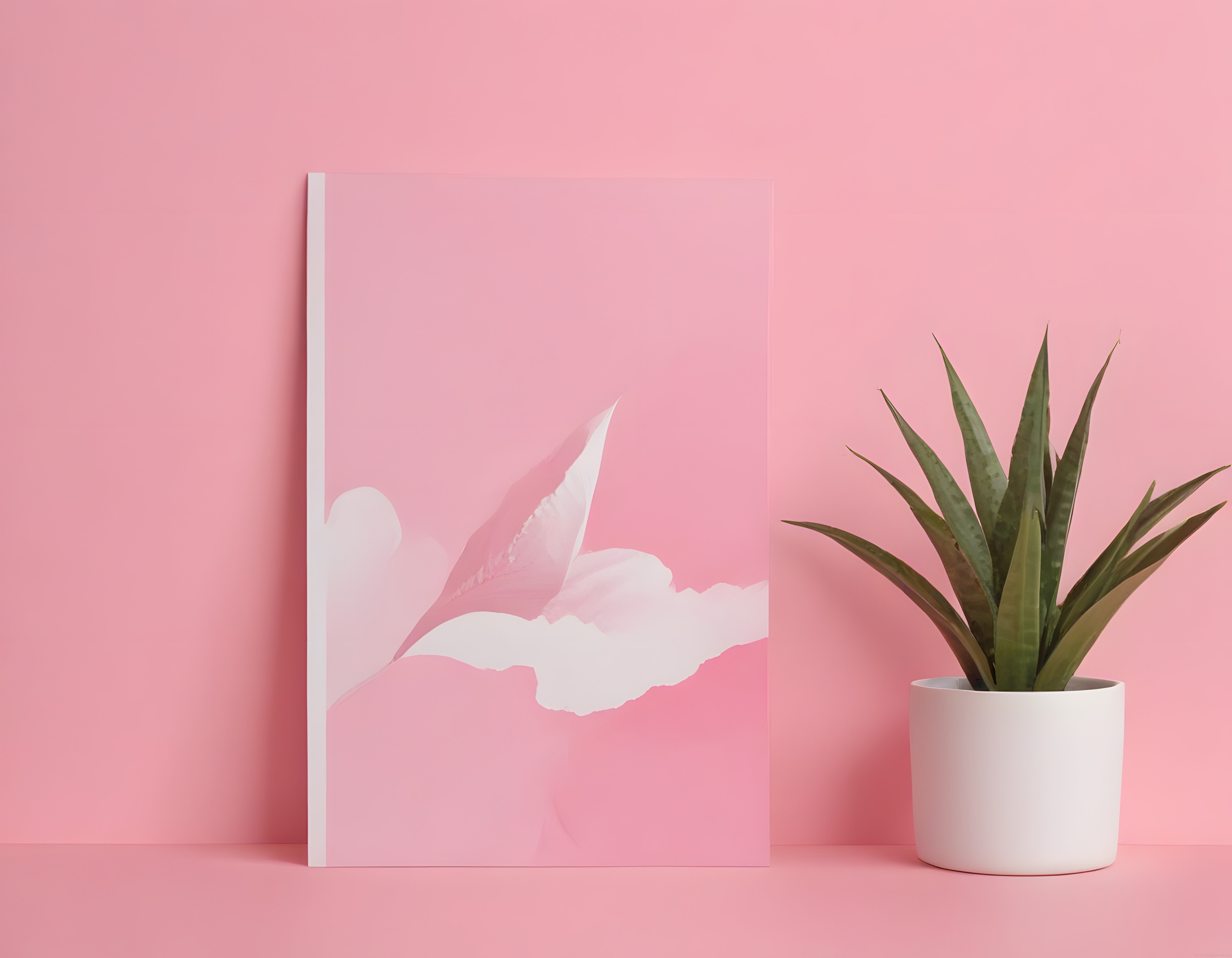 Pembe fondaki soyut tablo ve sukulent ile pastel mekan kompozisyonu
