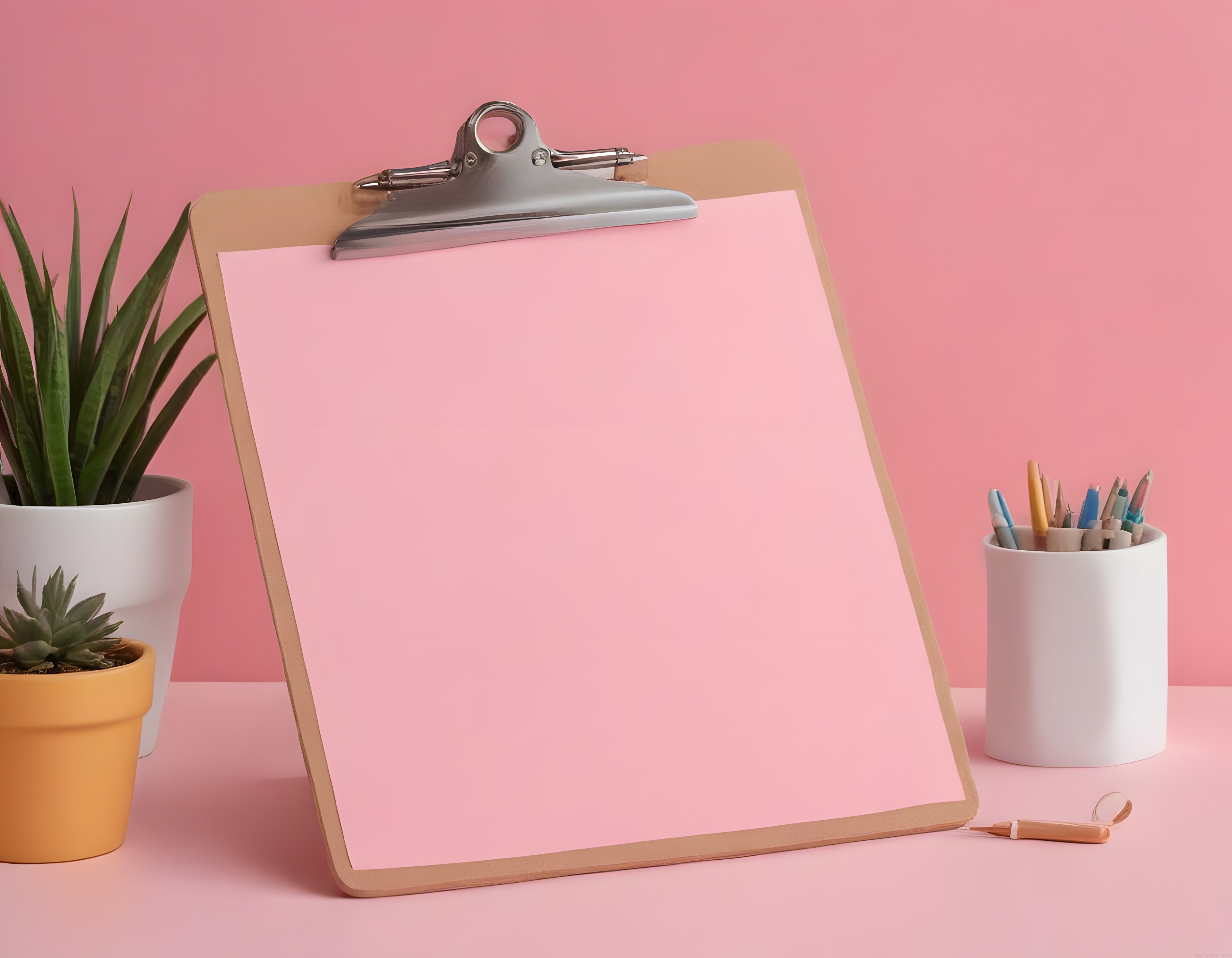 Pembe Fonlu Minimal Çalışma Masası: Kırtasiye, Bitki ve Boş Pano Mockupu