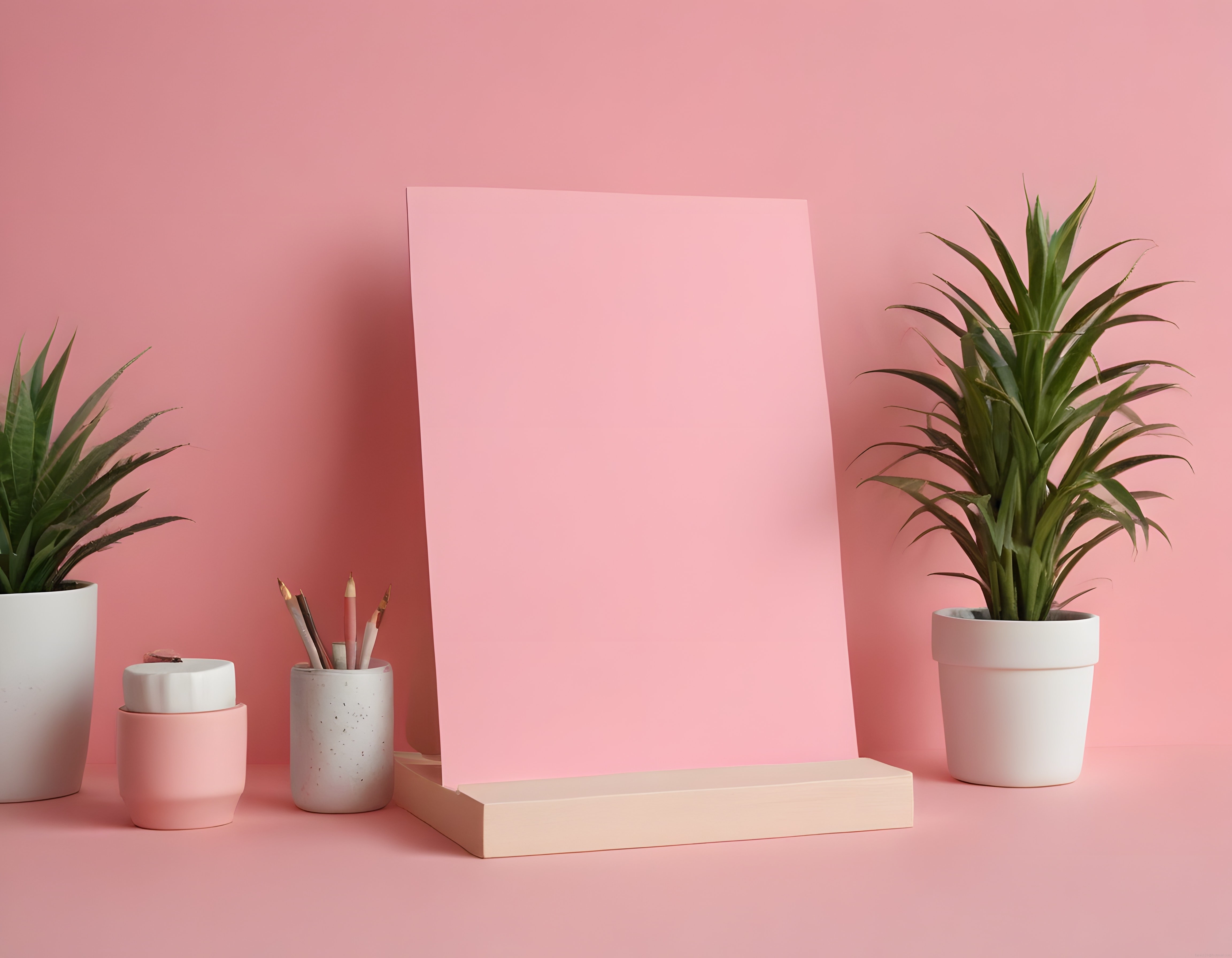 Pembe Fonlu Minimalist Çalışma Alanı Dekoratif Bitki ve Kırtasiye Düzeni