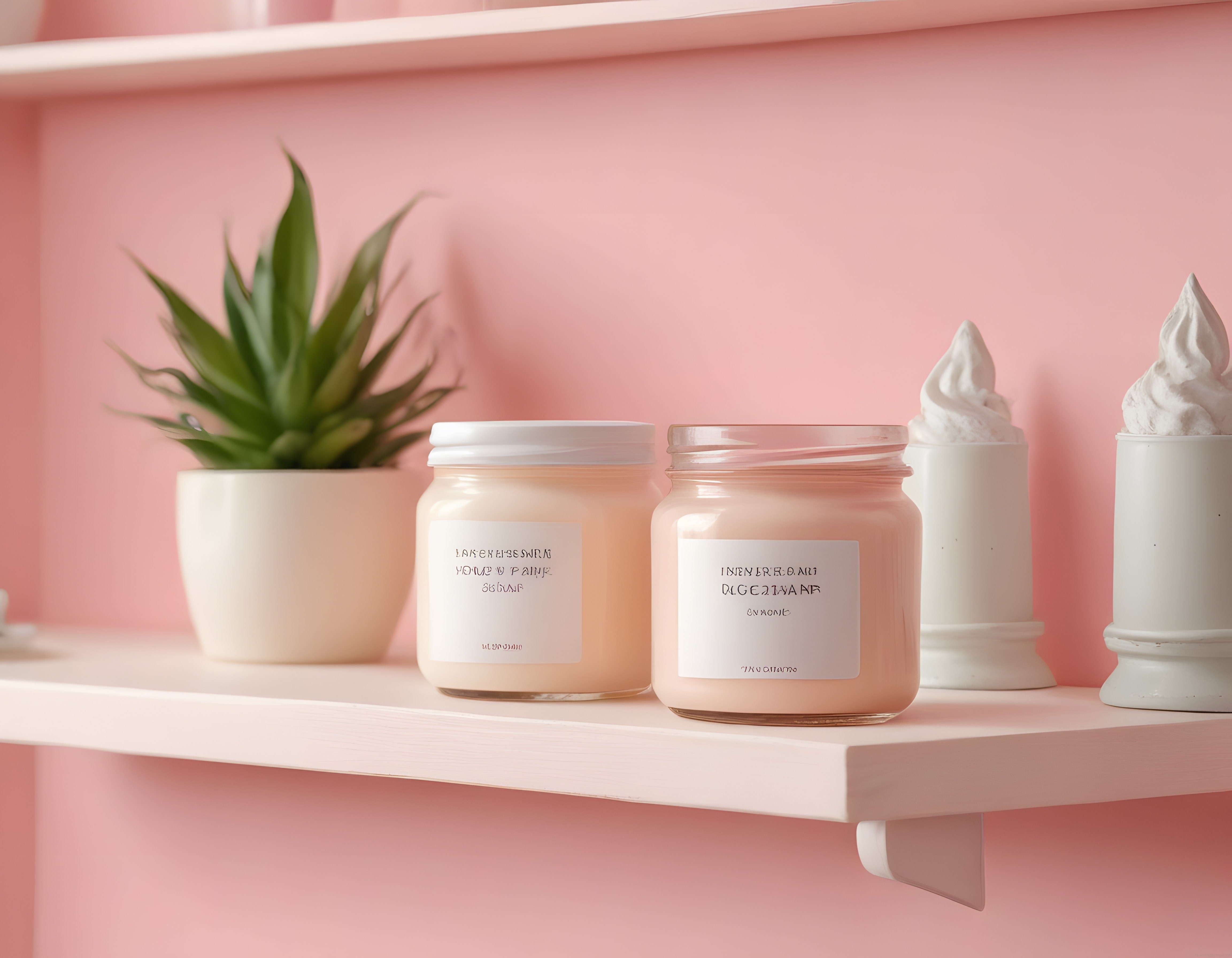 Pembe Fonlu Minimalist Raf Dekorasyonu: Mumlar, Sukulent ve Seramik Objeler