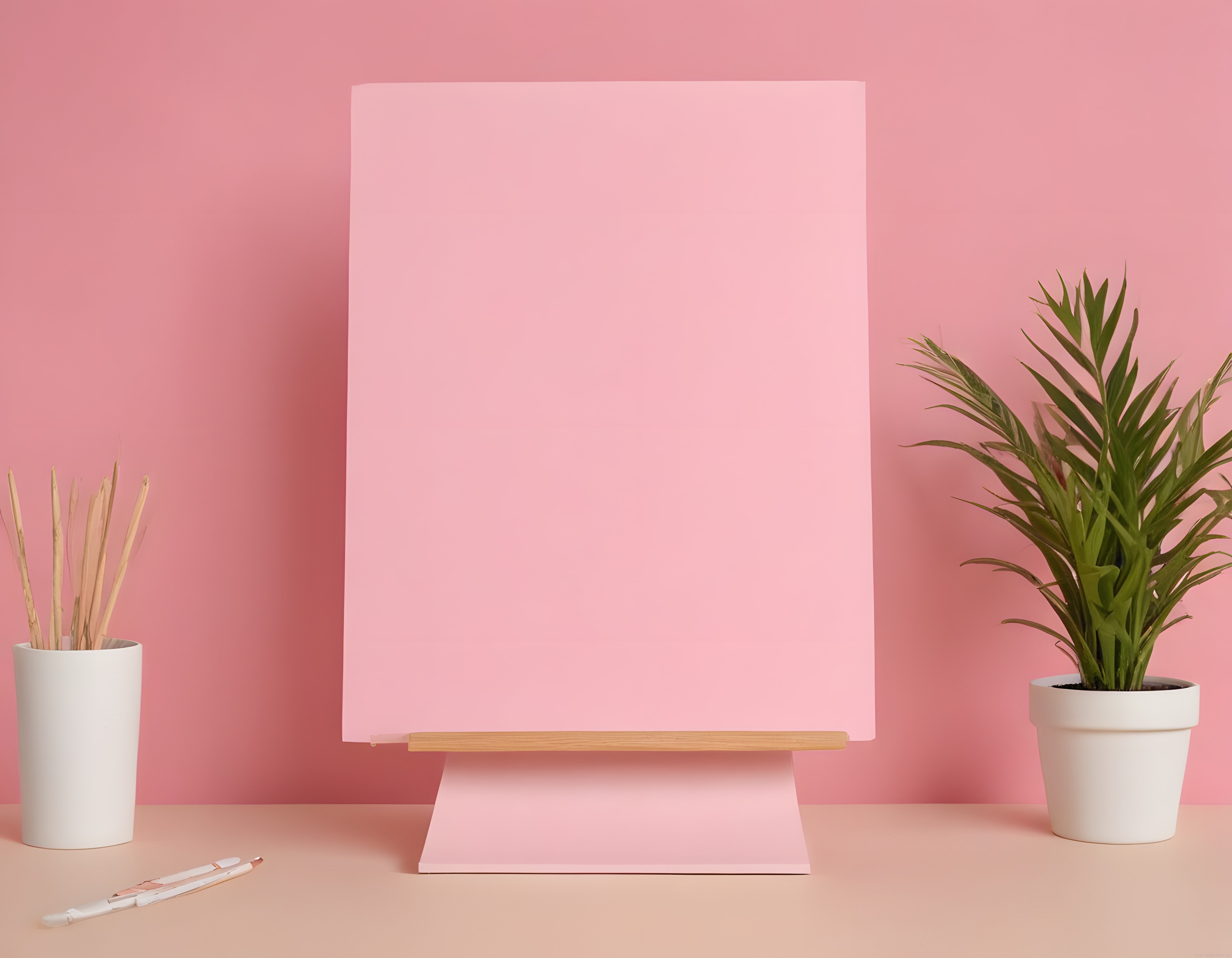 Pembe Fonlu Modern Çalışma Alanı: Minimalist Dekor ve Boş Poster Mockup