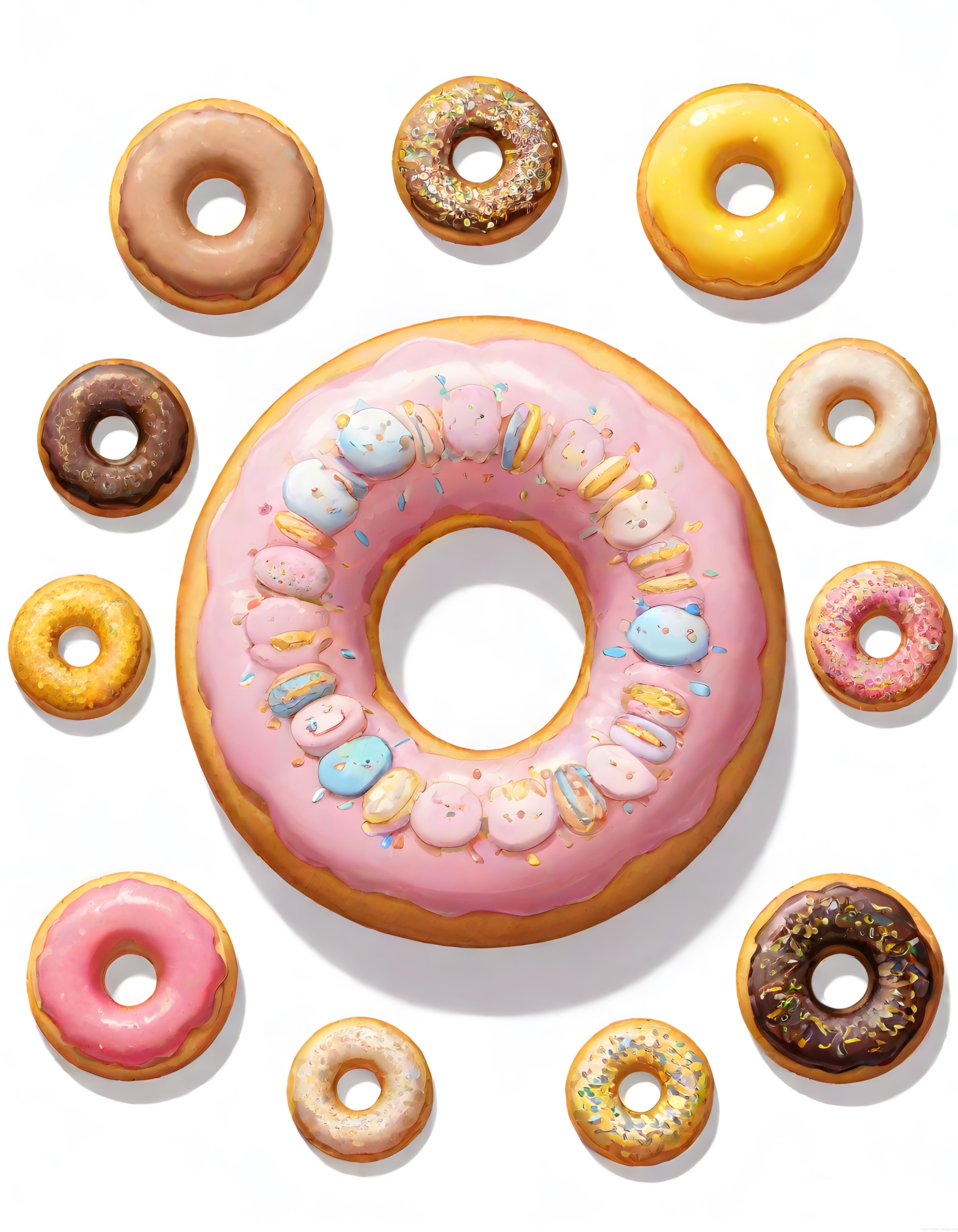 Pembe Glazürlü Dev Donut ve Makaron Süslemeleriyle Renkli Tatlı Koleksiyonu
