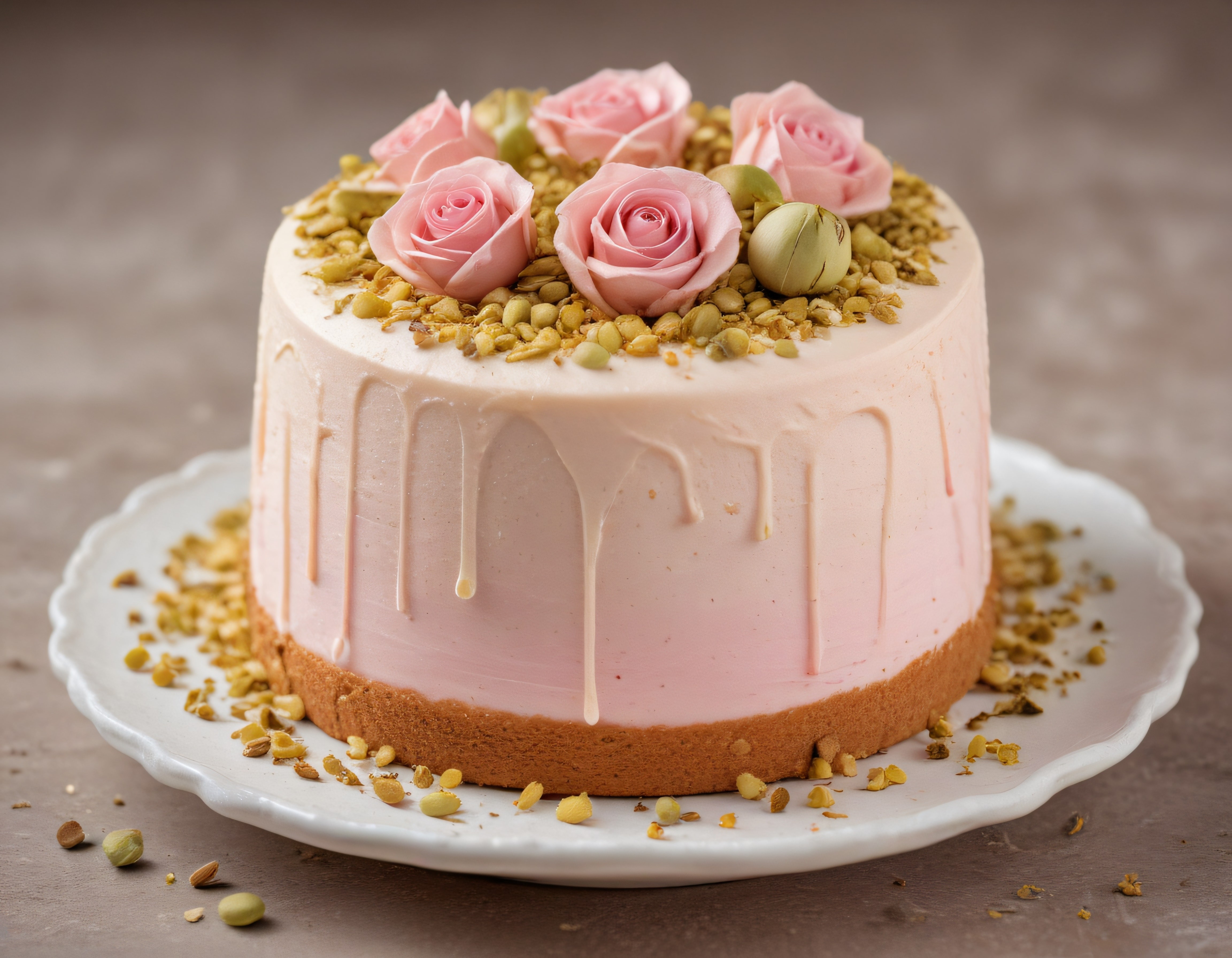 Pembe Gül ve Antep Fıstıklı Şık Drip Pasta Doğum Günü Konsepti