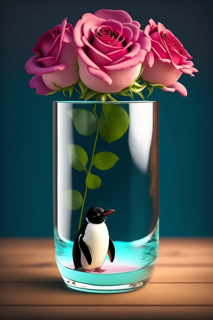 Pembe gül ve mistik penguen tasviri - fantastik çiçek