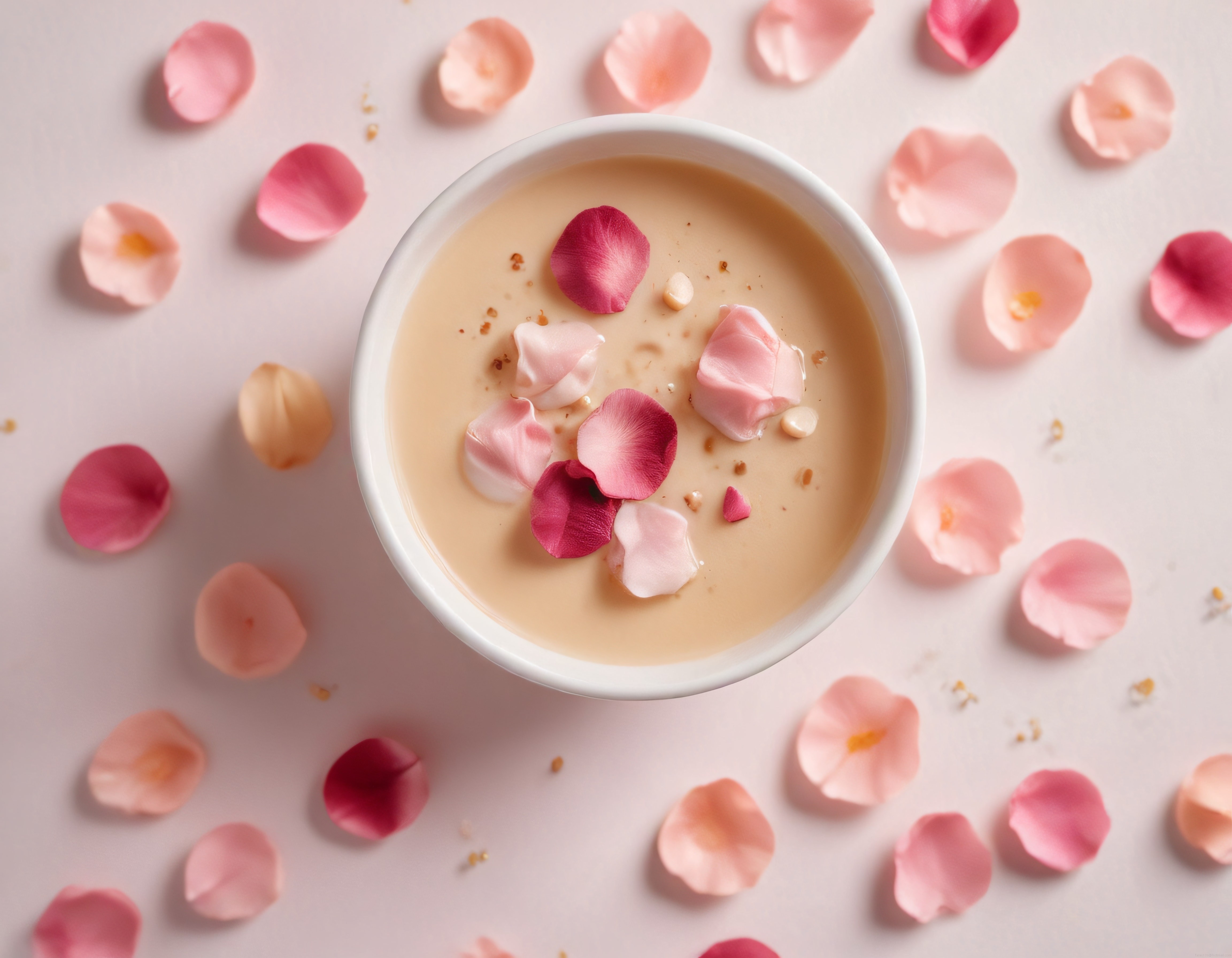 Pembe gül yapraklarıyla bezenmiş kremalı latte ve romantik içecek sunumu