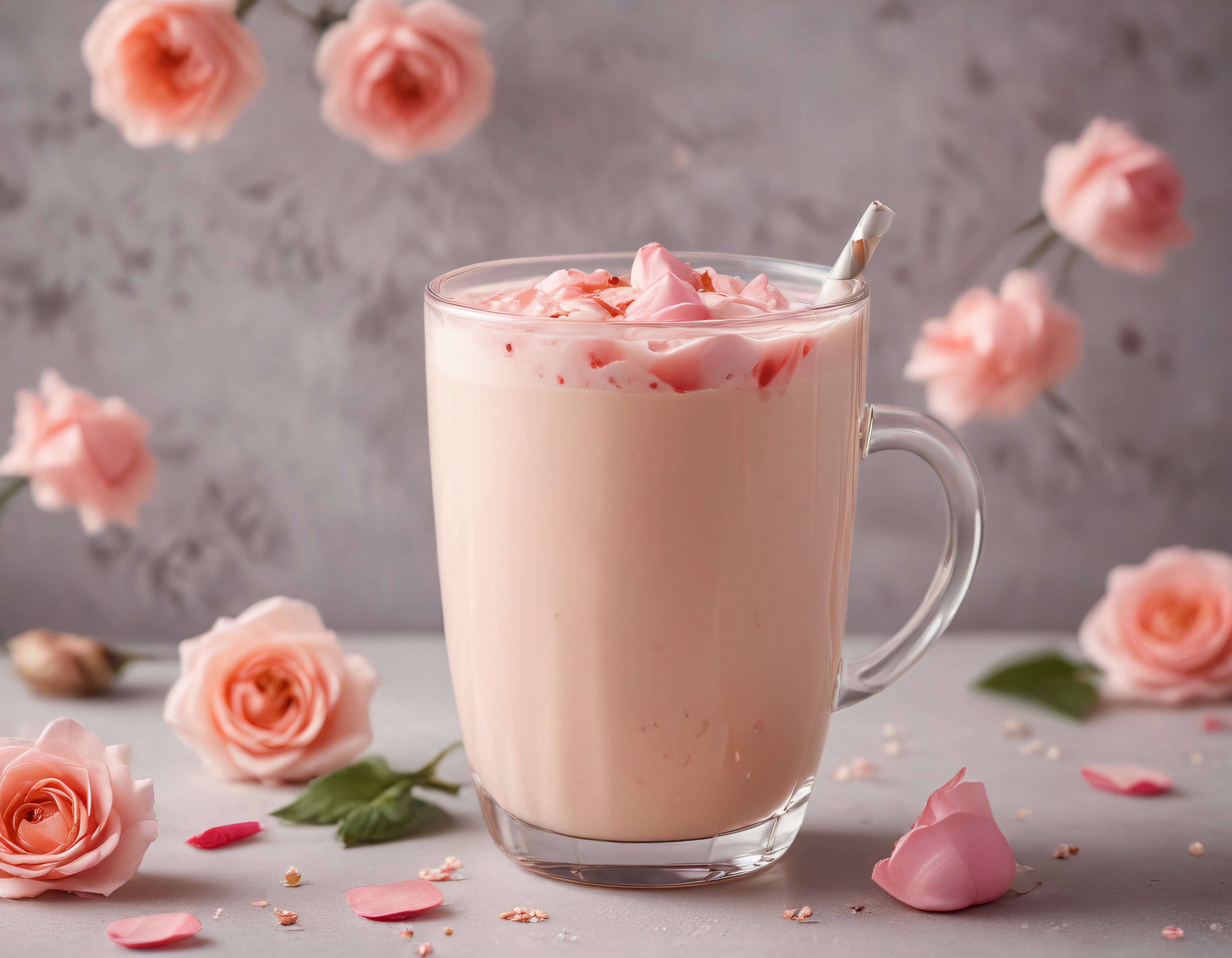 Pembe güller eşliğinde sunulan romantik gül aromalı latte ve kremalı içecek