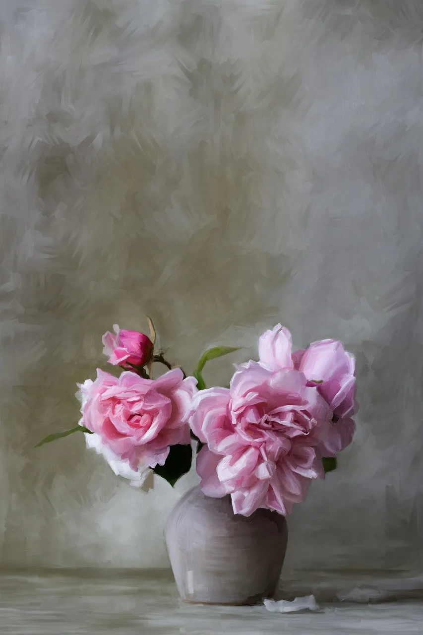 Pembe güller ve gri vazo tablosu - dijital yağlıboya sanat