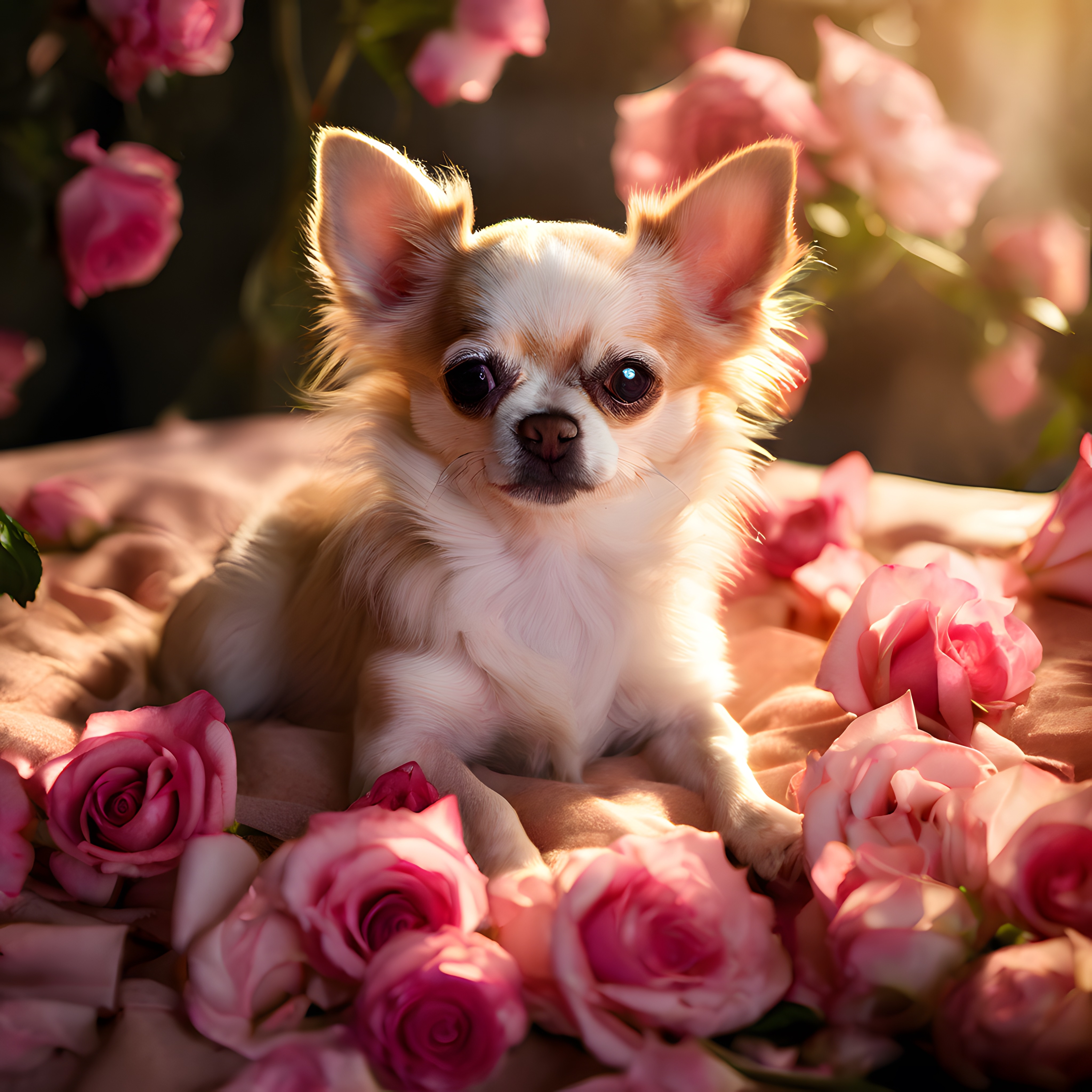 Pembe Güllerle Çevrili Sevimli Chihuahua Köpeğin Sıcak Işıklı Yakın Çekim Portresi