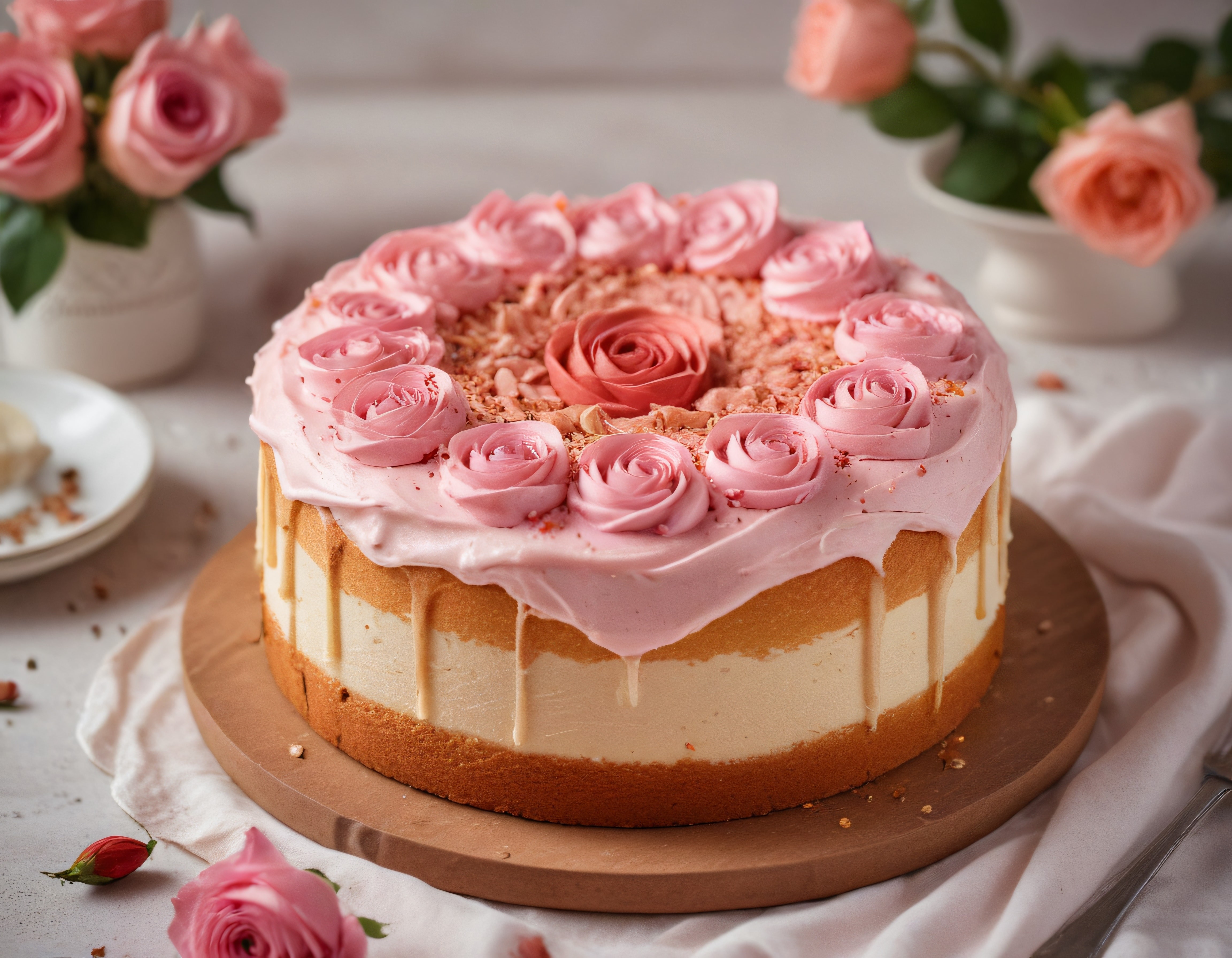 Pembe Güllü ve Krema Süslemeli Romantik Doğum Günü Pastası Görseli
