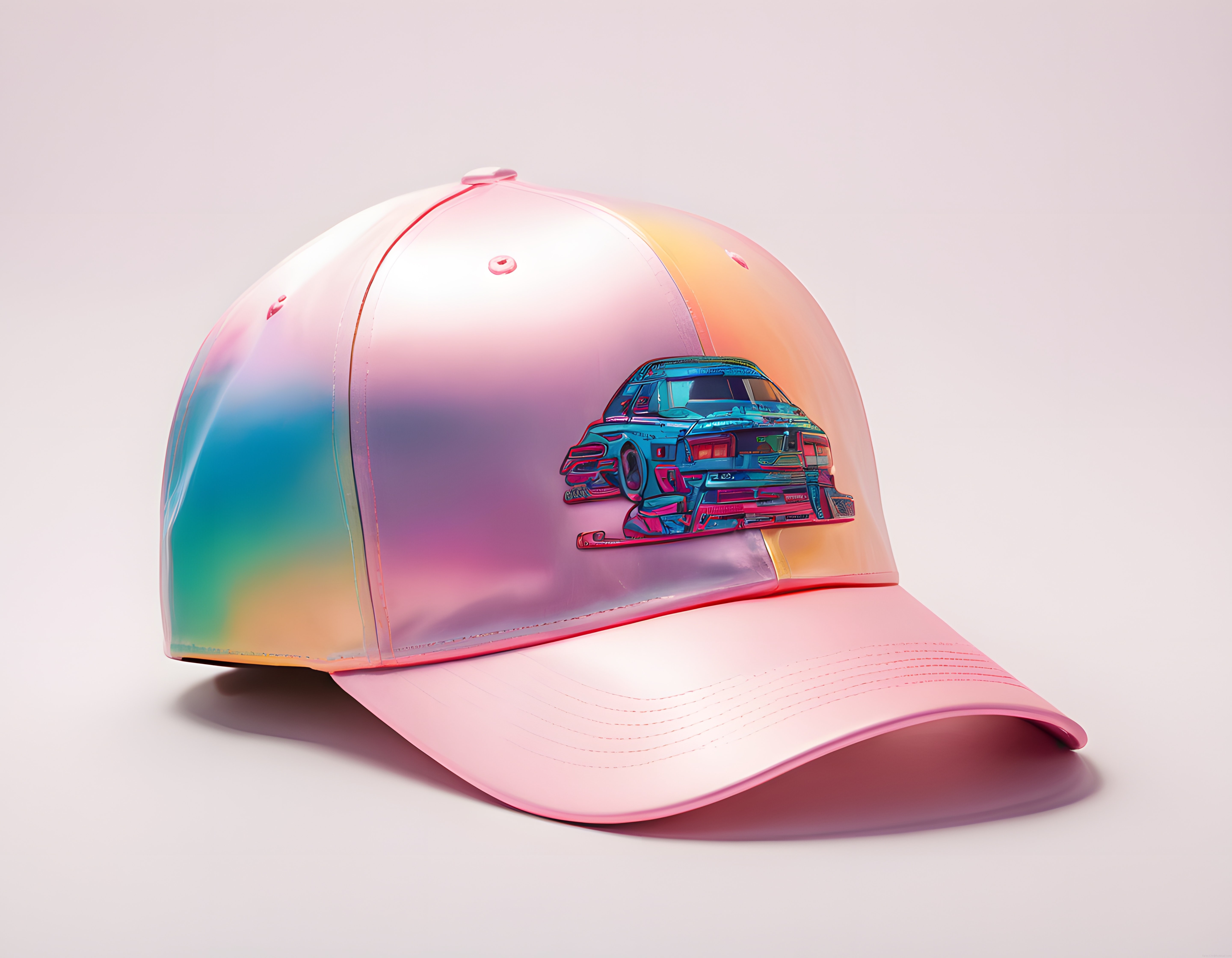 Pembe Holografik Şapka Üzerinde Renkli Off-Road Araç Baskısı ve Modern Stil