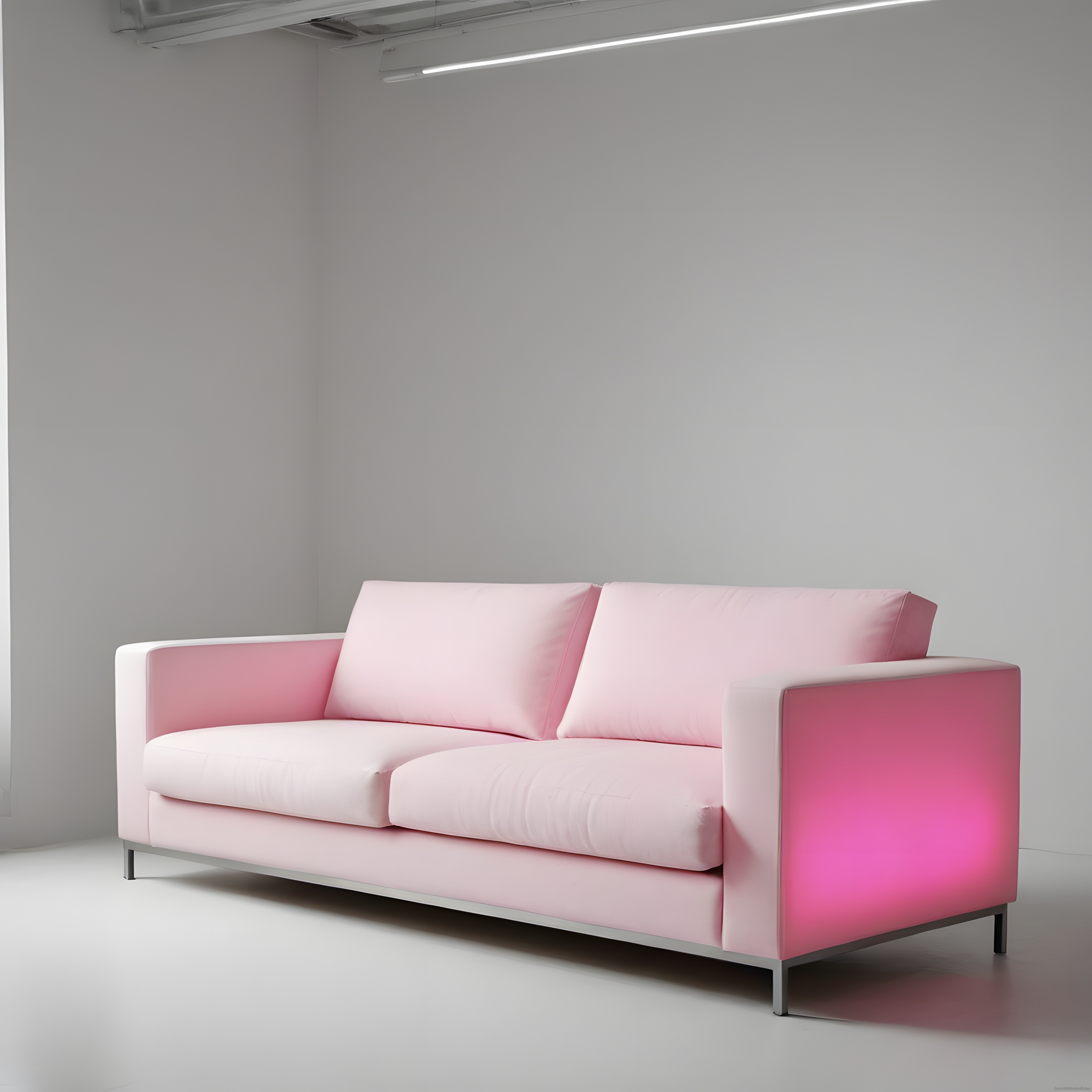 Pembe Işık Detaylı Modern Kanepe ve Minimalist Gri Stüdyo İç Mekan Tasarımı