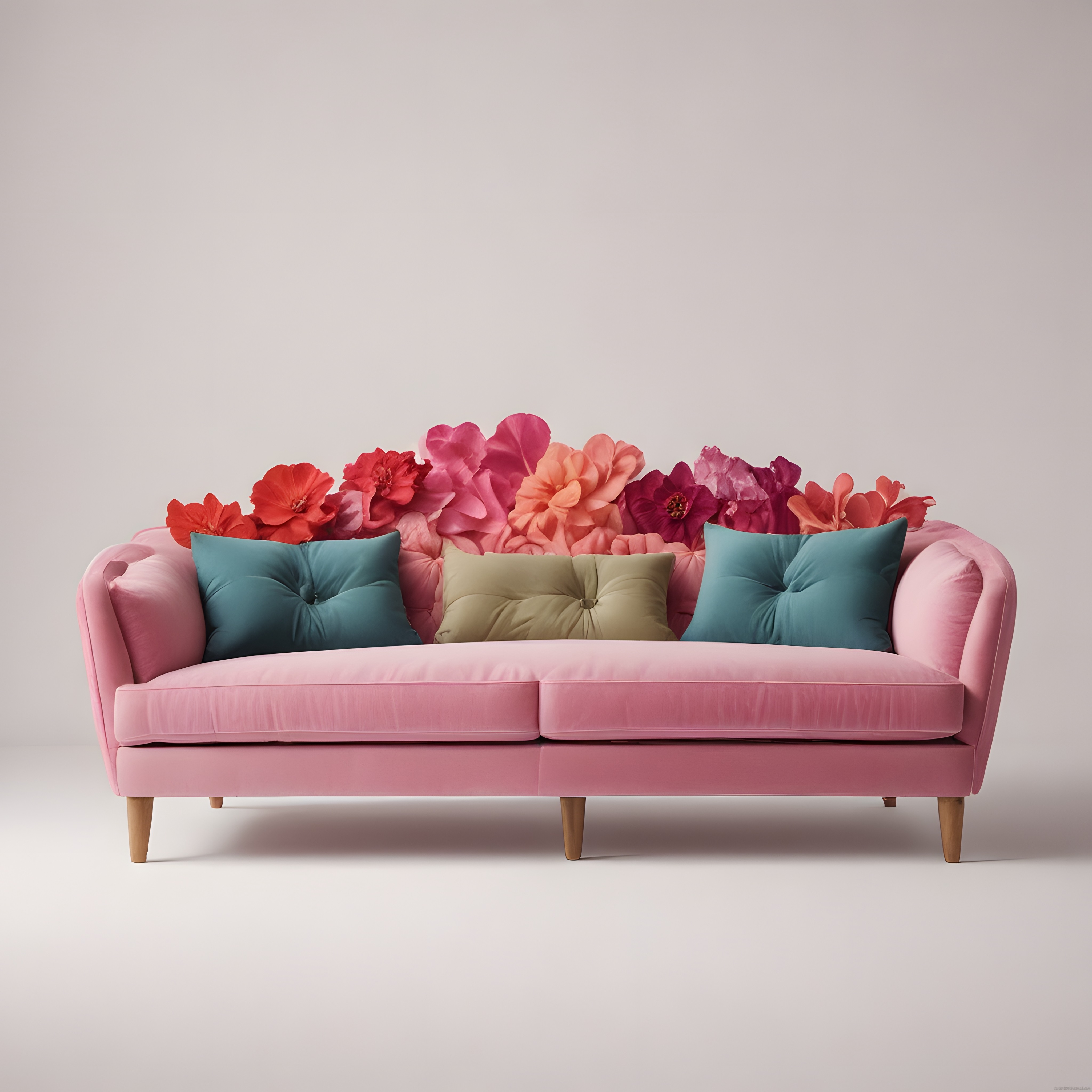 Pembe Kadife Koltuk ve Canlı Çiçeklerle Romantik Salon Dekorasyonu
