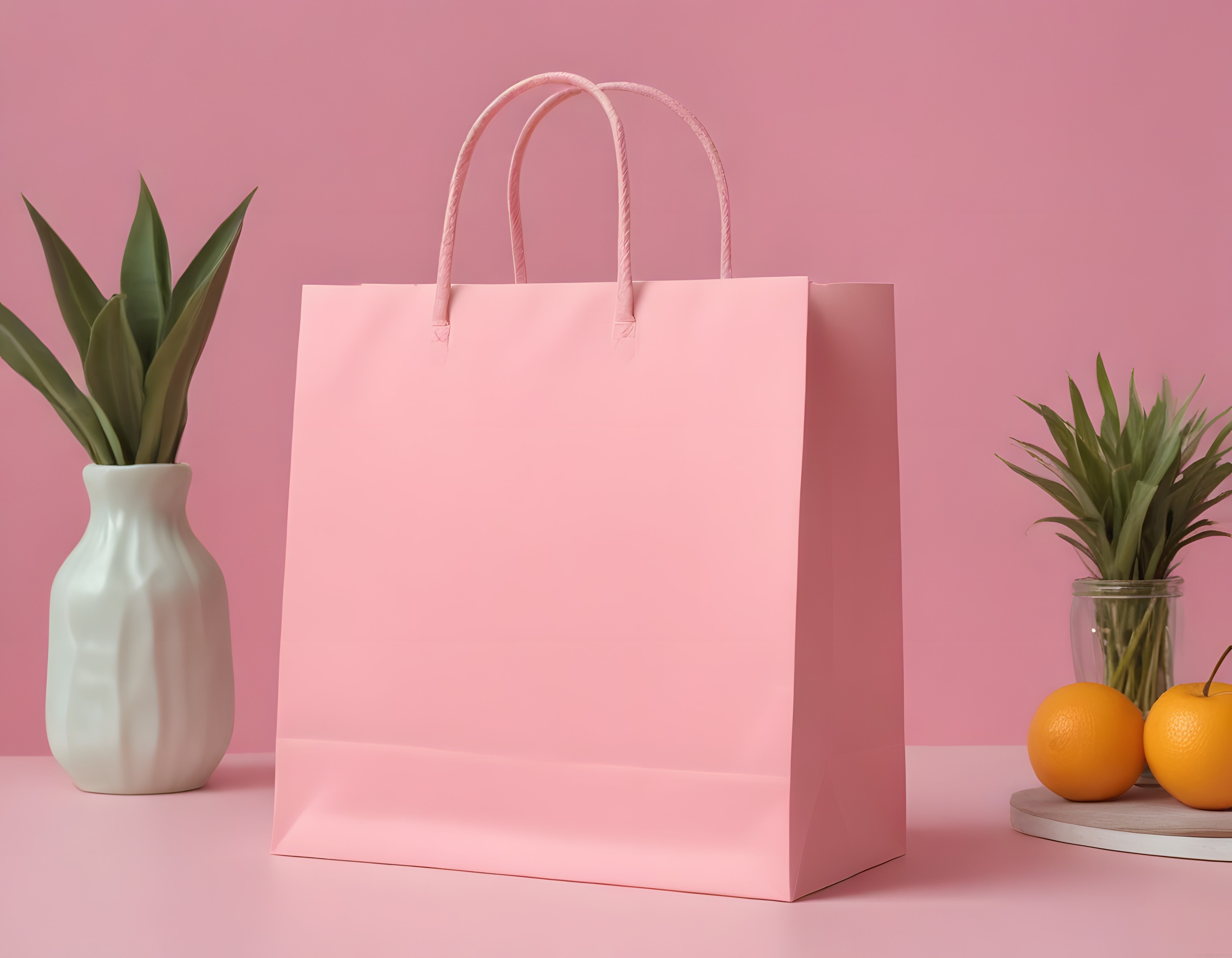 Pembe Kağıt Alışveriş Torbası ve Dekoratif Bitkilerle Minimal Ürün Mockup