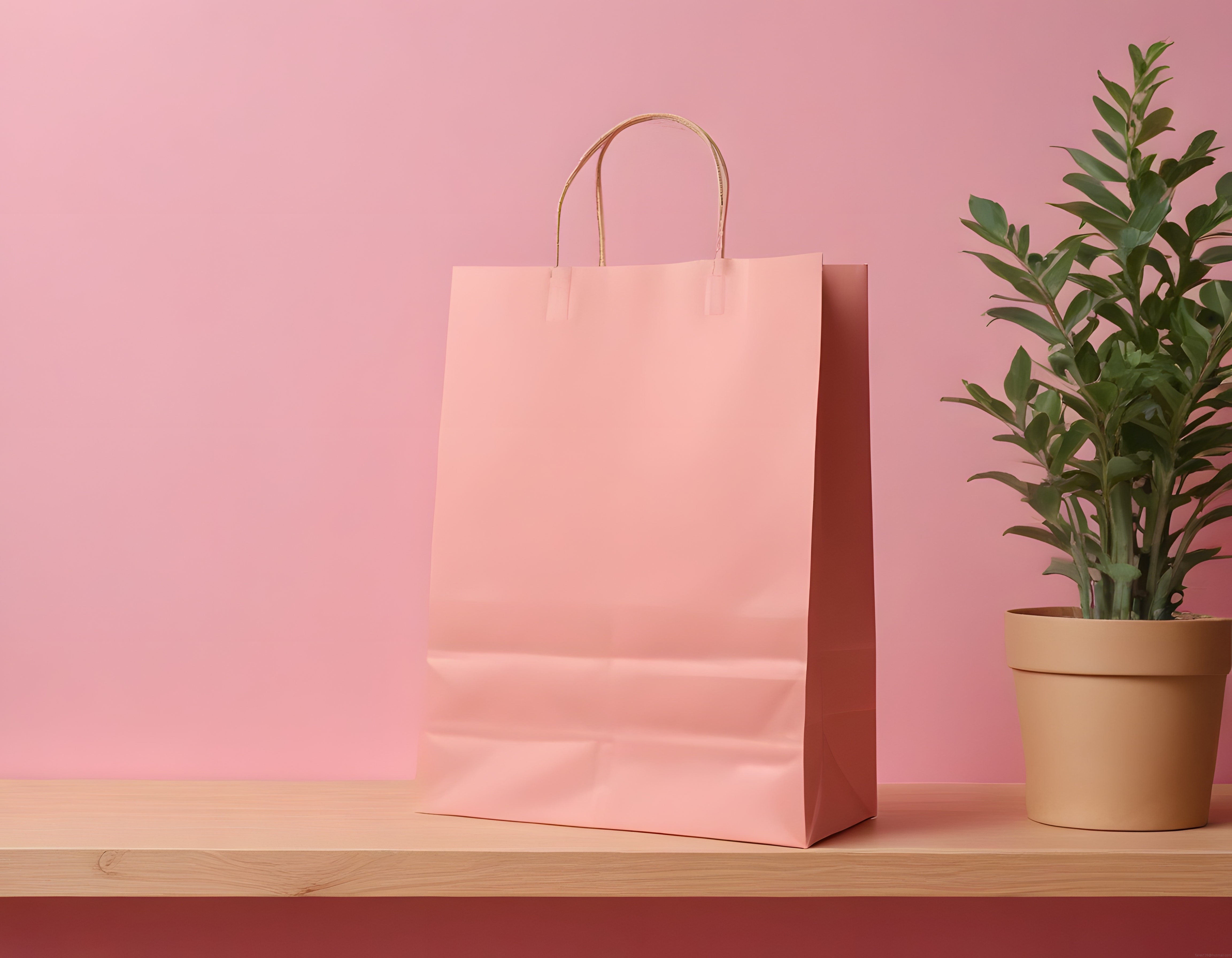 Pembe Kağıt Alışveriş Torbası ve Saksı Bitkisi Dekorlu Minimal Stüdyo Çekimi