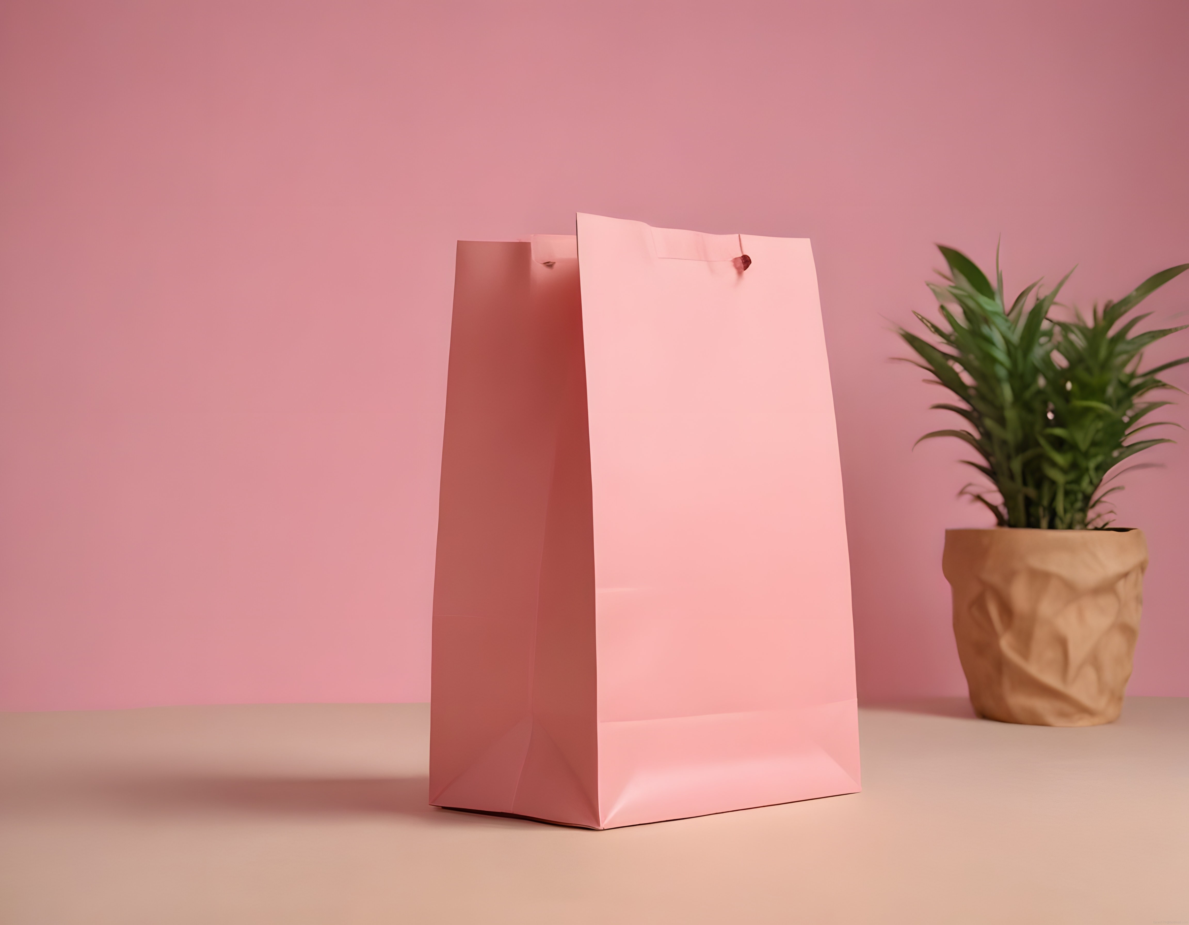 Pembe Kağıt Hediye Torbası ve Saksı Bitkisiyle Minimal Stüdyo Çekimi