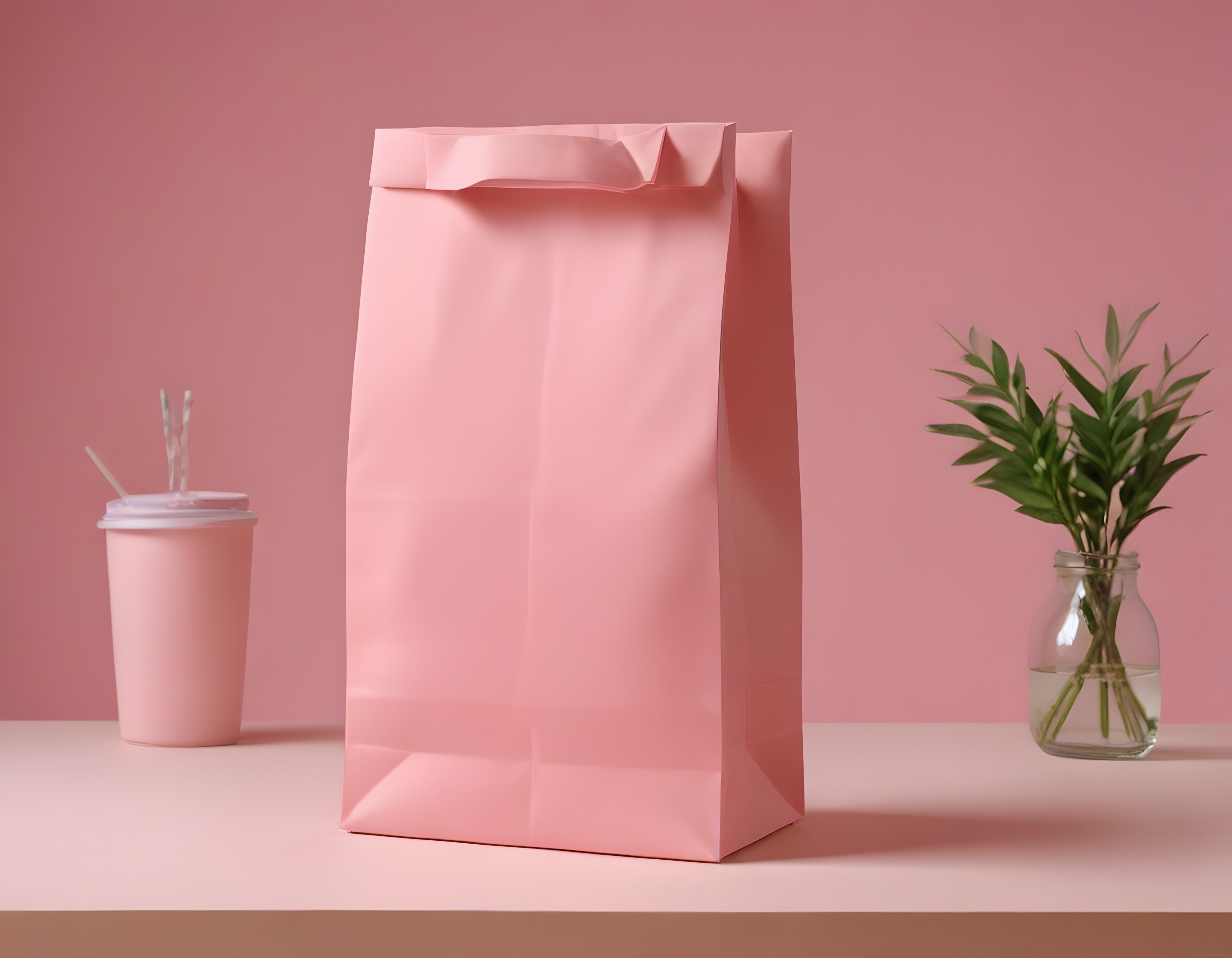 Pembe kağıt torba ve içecek bardağı ile minimalist takım ambalaj mockup çekimi