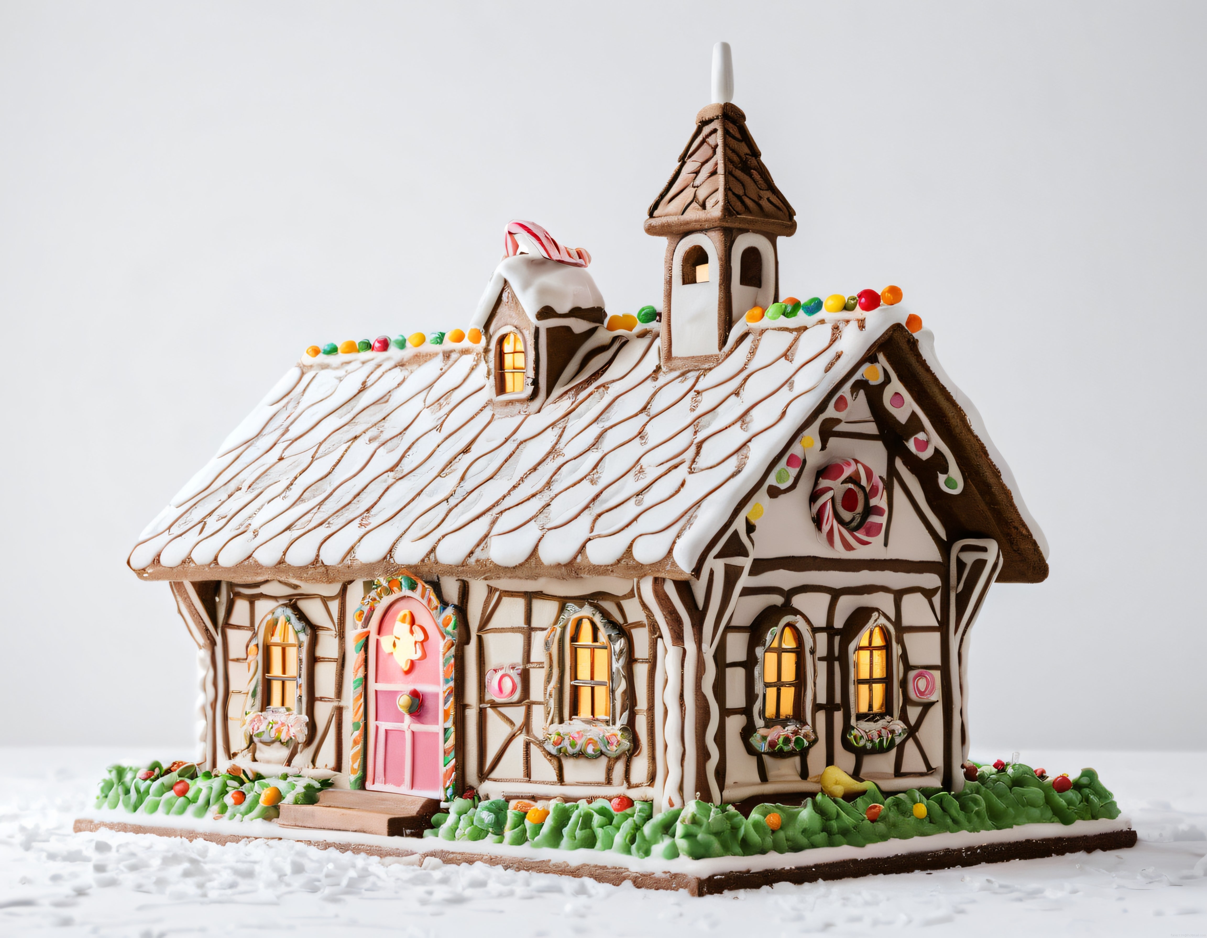 Pembe kapılı ve rengarenk şeker süslemeli masalsı zencefil evi
