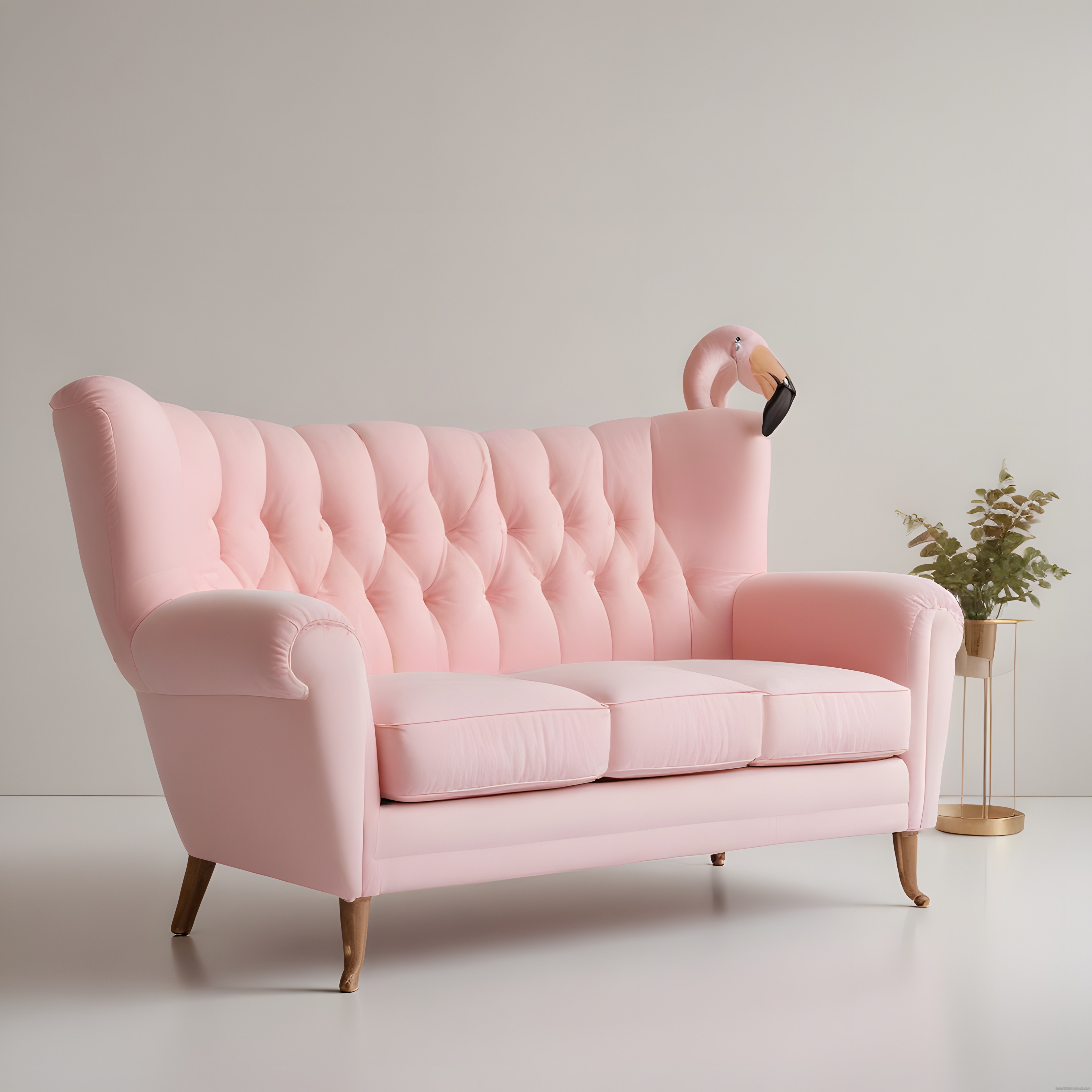 Pembe Kapitoneli Kanepe ve Flamingo Figürüyle Dikkat Çeken İç Mekan Stili