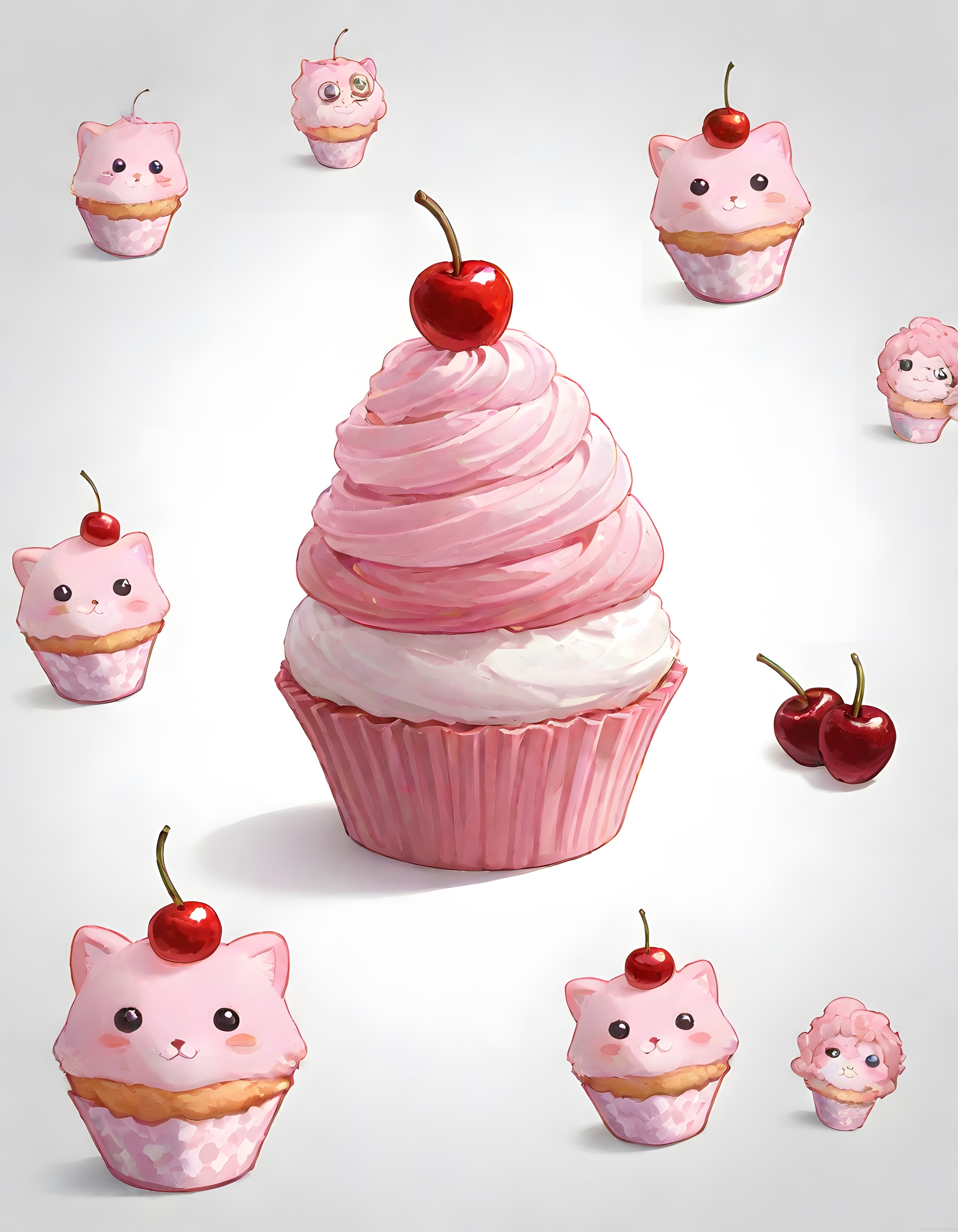 Pembe Kaplamalı Kirazlı ve Sevimli Kedi Figürlü Cupcake Çeşitleri