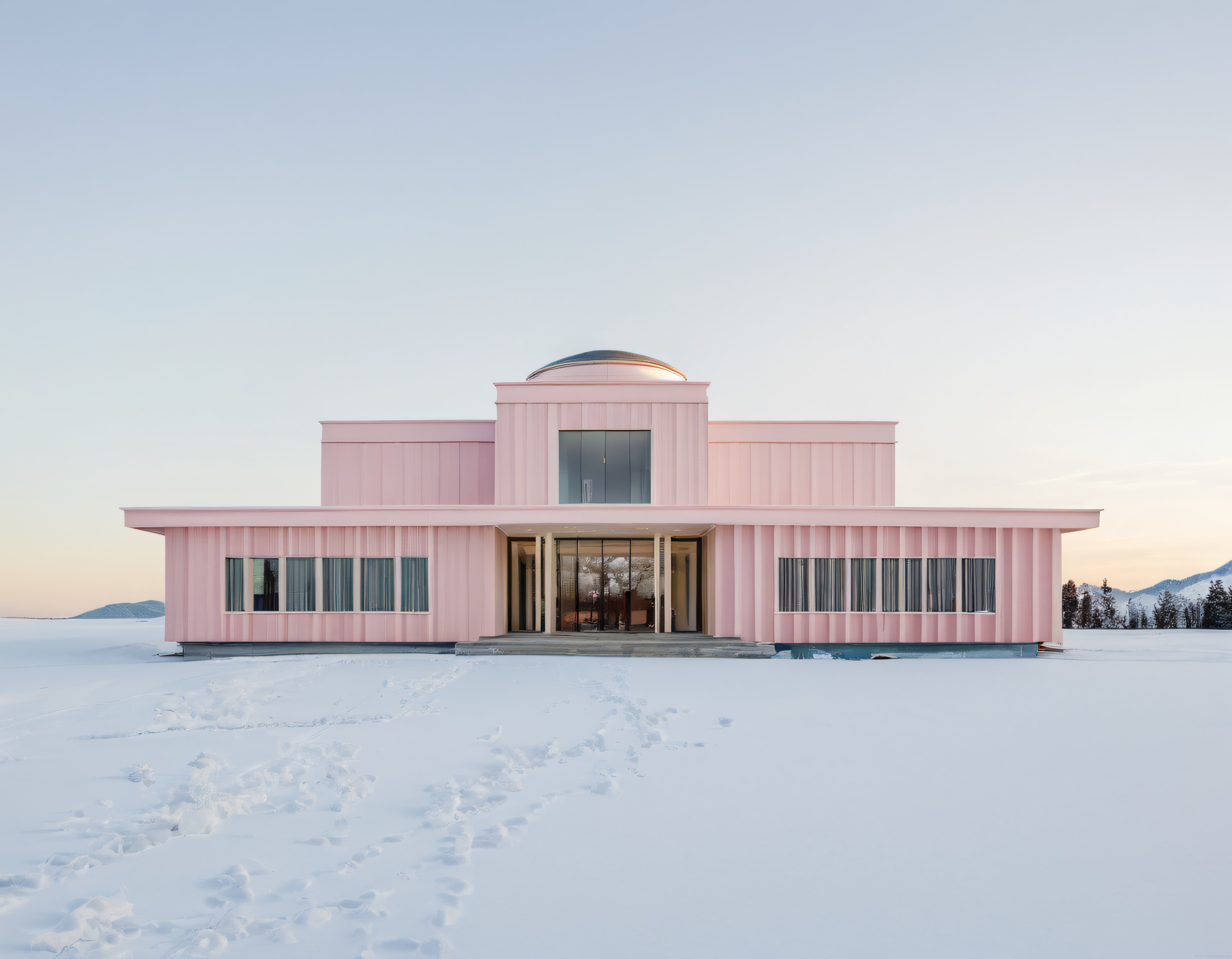 Pembe Kaplı Modern Dağ Evi, Karla Kaplı Geniş Düzlükte Huzur Verici Bir Görünüm
