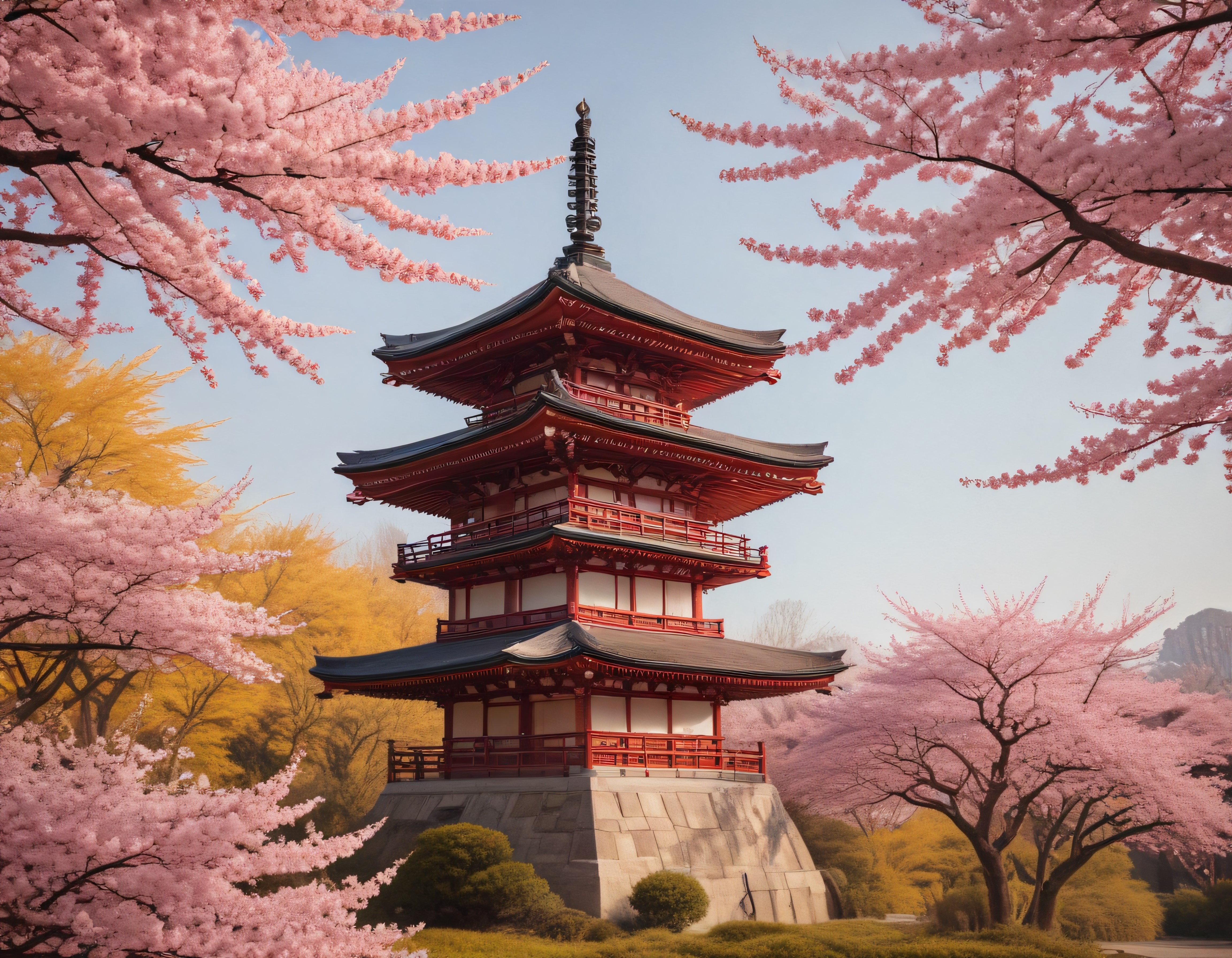 Pembe Kiraz Çiçekleri Arasında Yükselen Geleneksel Japon Pagodası Manzarası