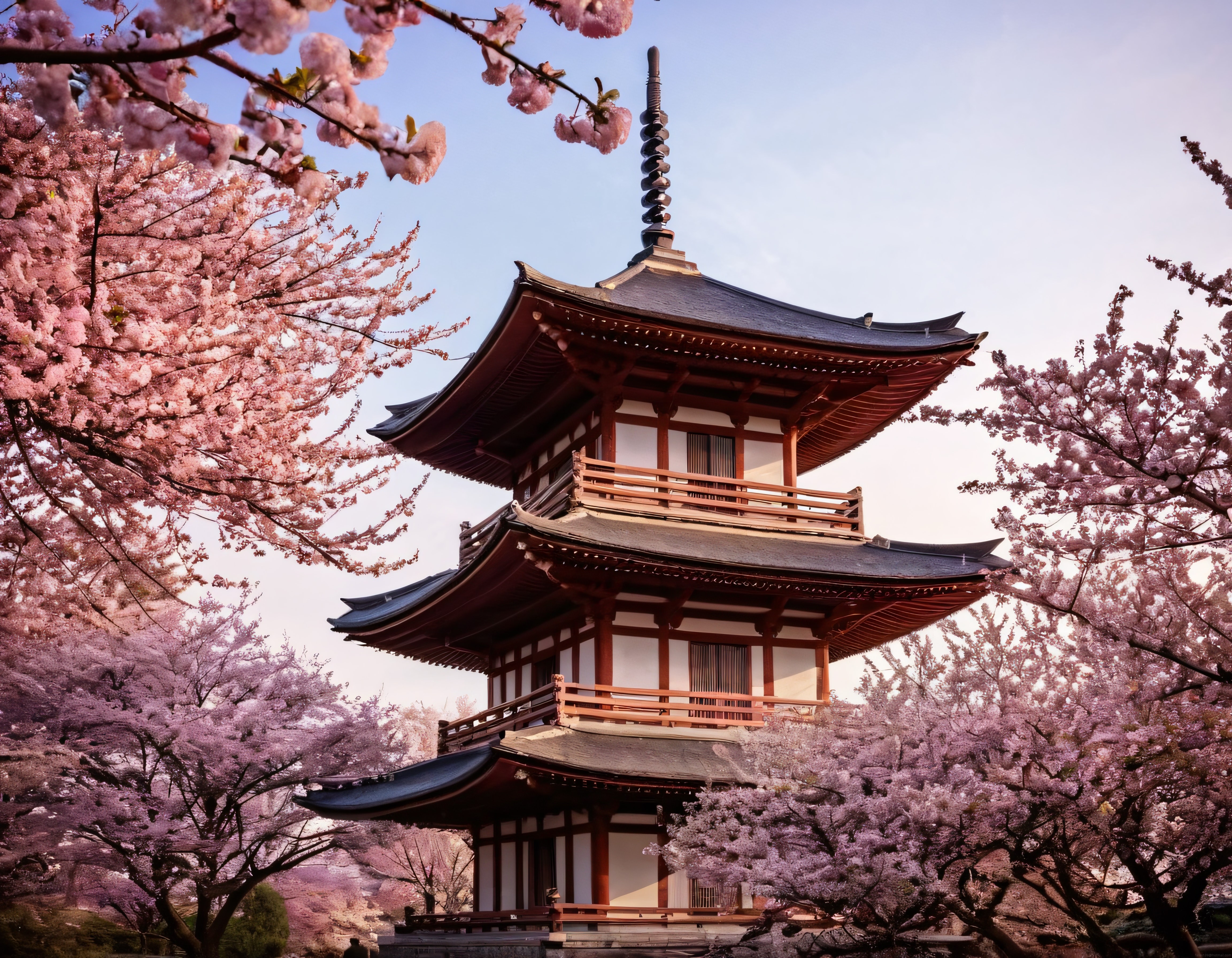 Pembe Kiraz Çiçekleriyle Çevrili Geleneksel Japon Pagodası Manzarası