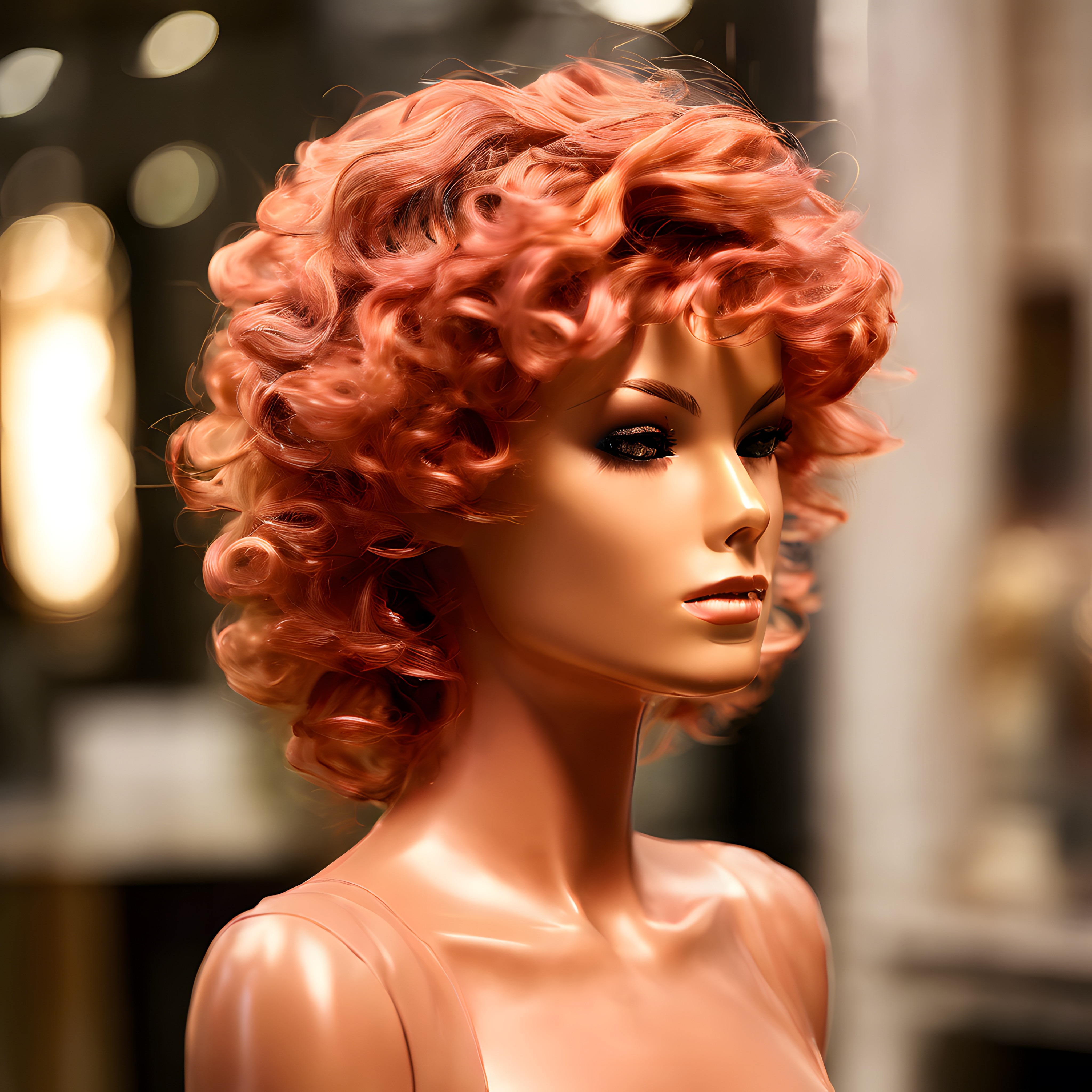 Pembe Kıvırcık Peruklu Manken Başı: Kuaför Vitrininde Vintage Saç Stili Pembe Kıvırcık Peruklu Manken Başı: Kuaför Vitrininde Vintage Saç Stili