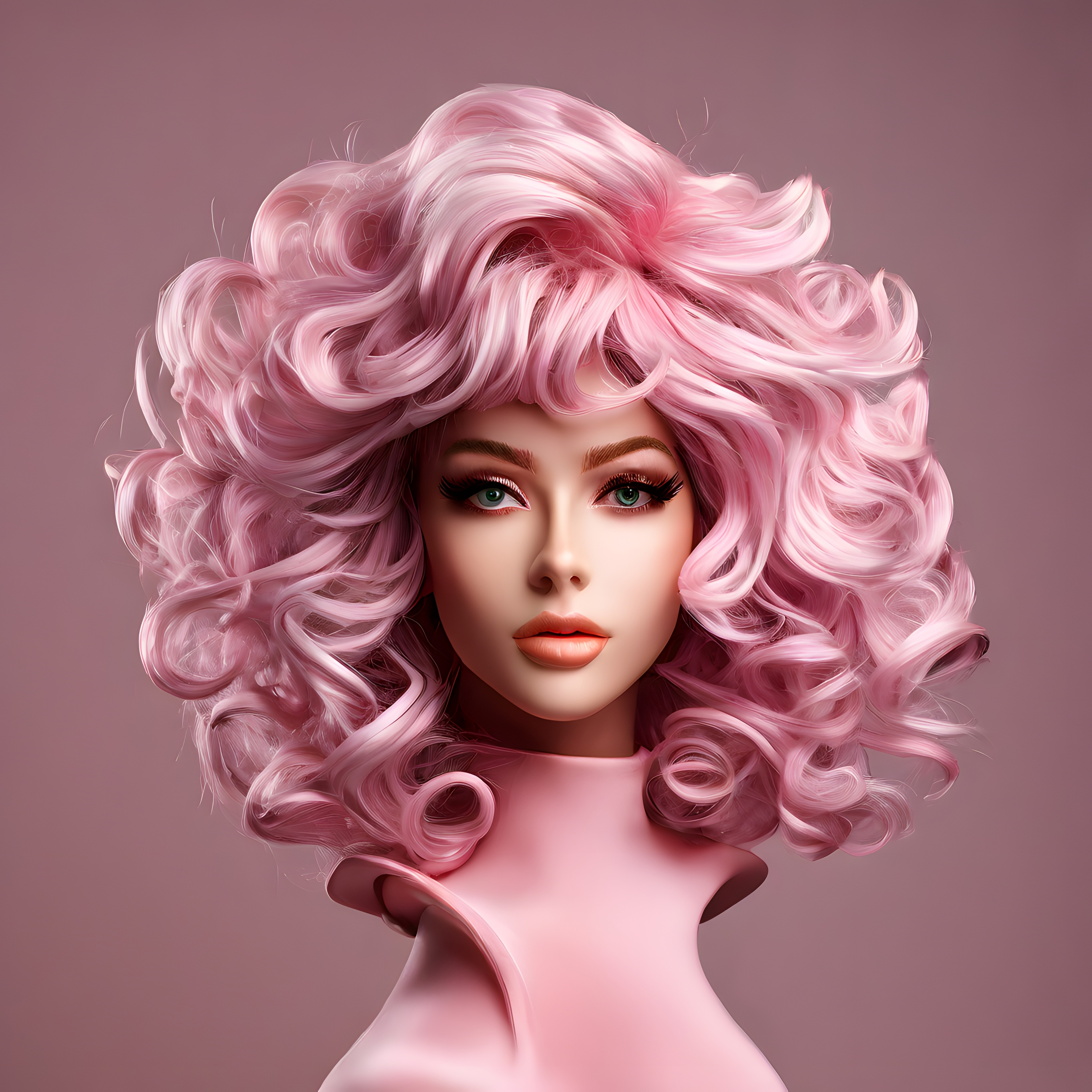 Pembe Kıvırcık Saçlı Dijital Kadın Portre Modern Sanat Çalışması