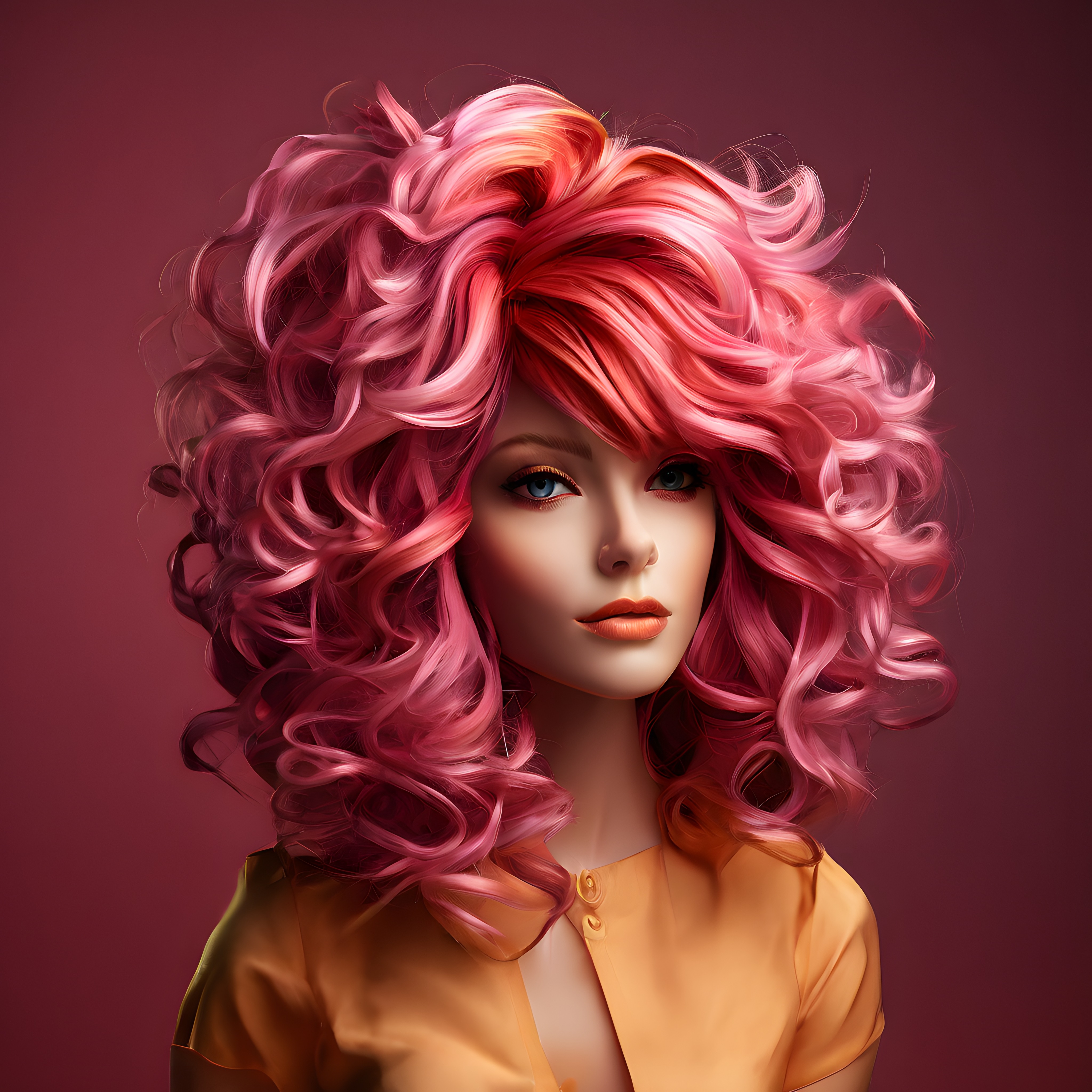 Pembe Kıvırcık Saçlı Dijital Kadın Portresi ve Canlı Renk Tonları