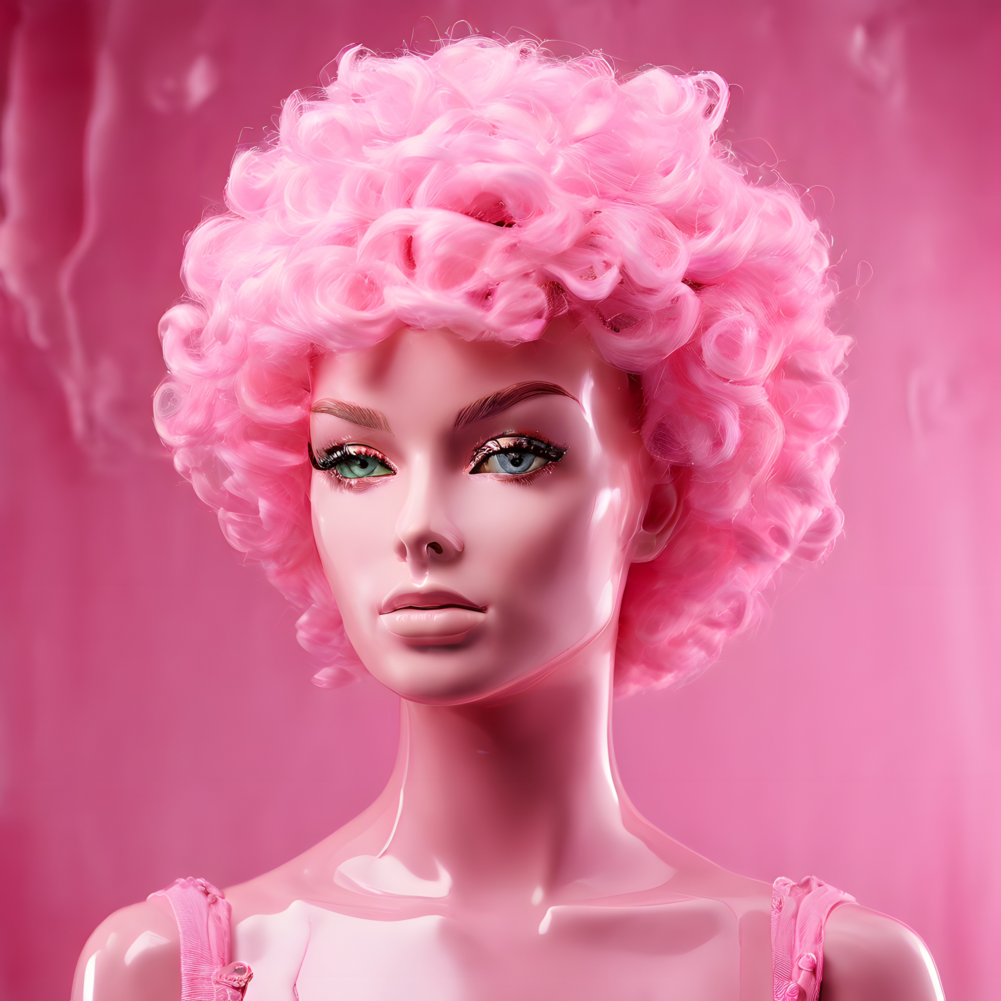 Pembe Kıvırcık Saçlı ve Göz Alıcı Makyajlı Modern Manken Portresi