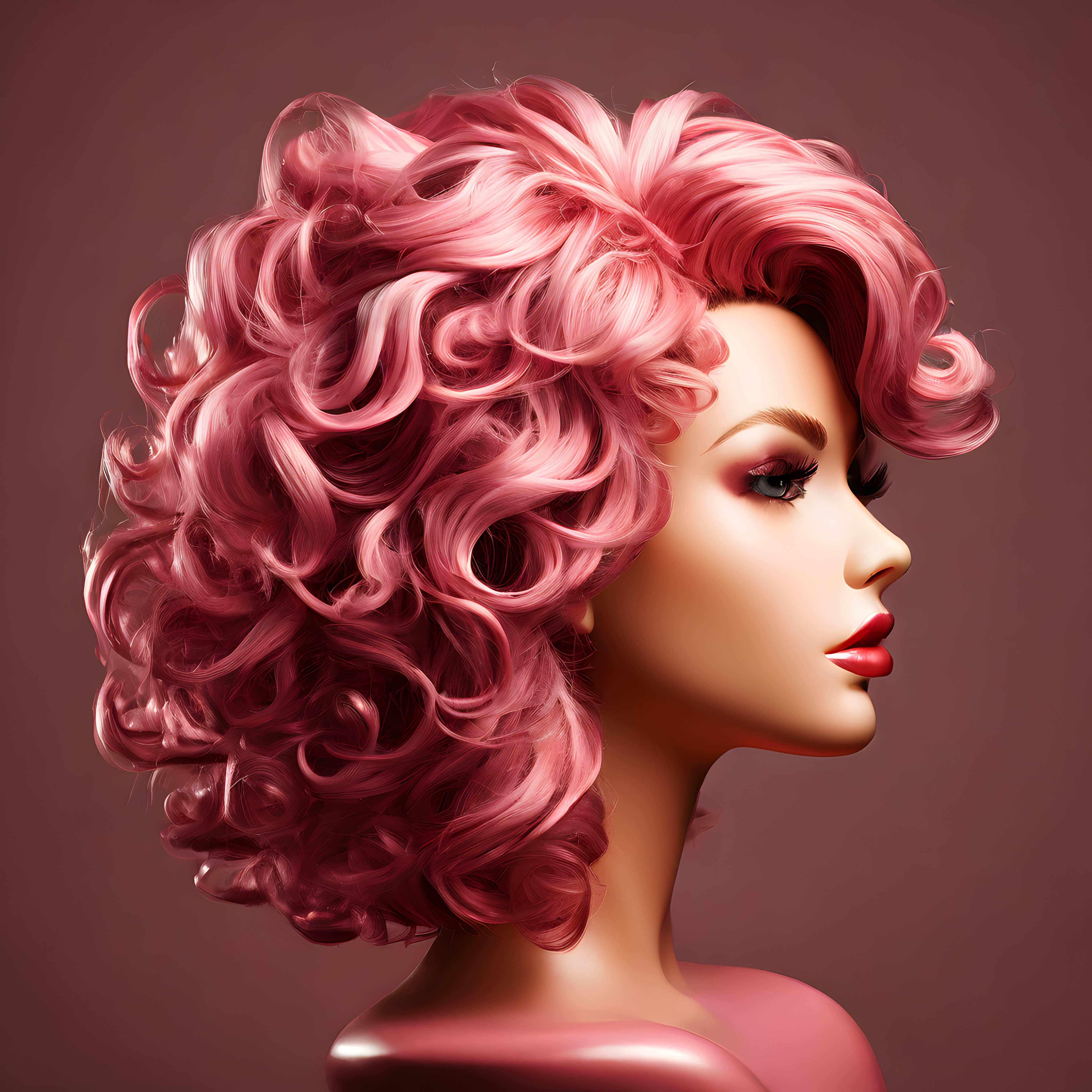 Pembe Kıvırcık Topuzlu Retro Hollywood Tarzı Saç Modeli Profil Portresi