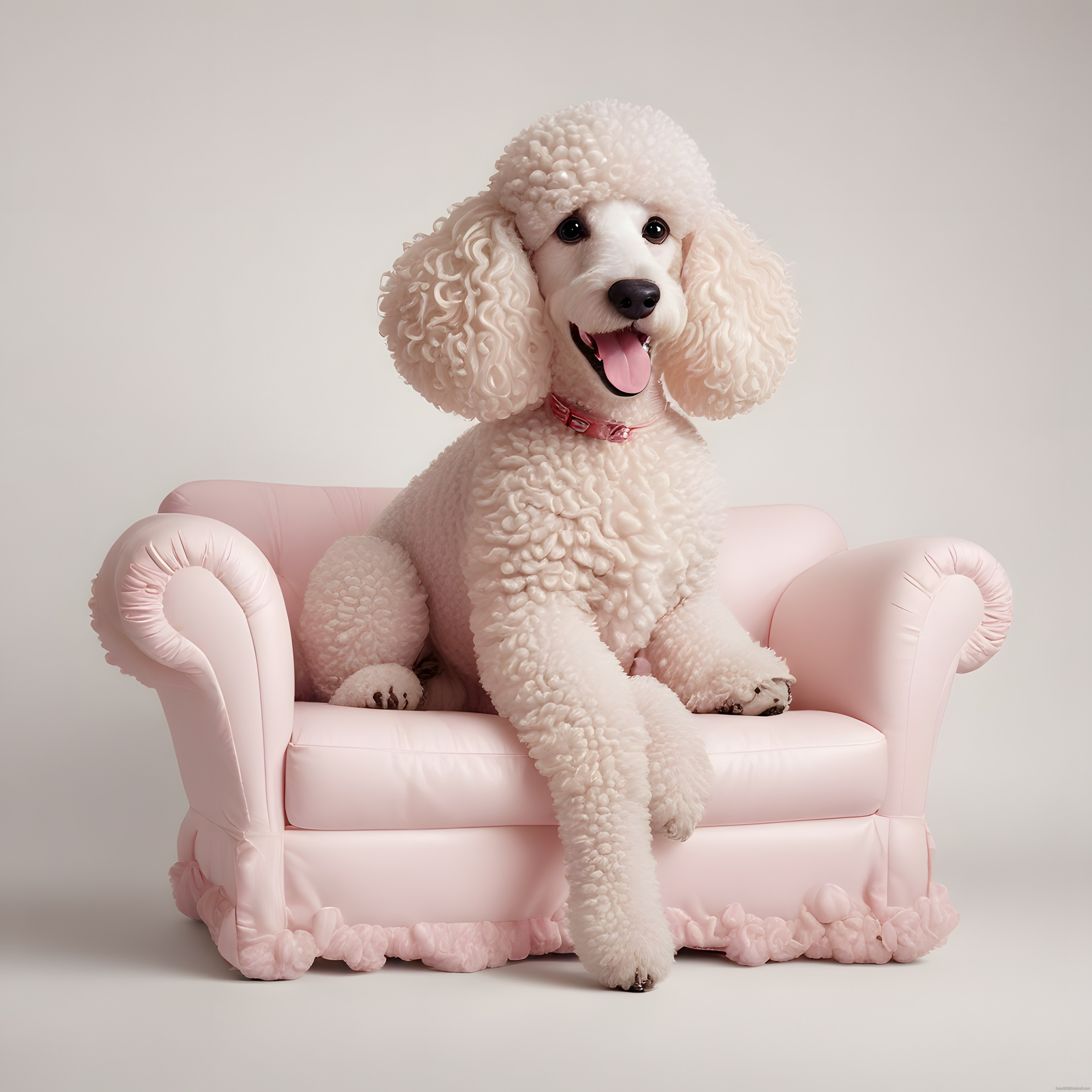 Pembe Koltukta Poz Veren Neşeli Beyaz Poodle Köpek ve Şık Tasma Detayı