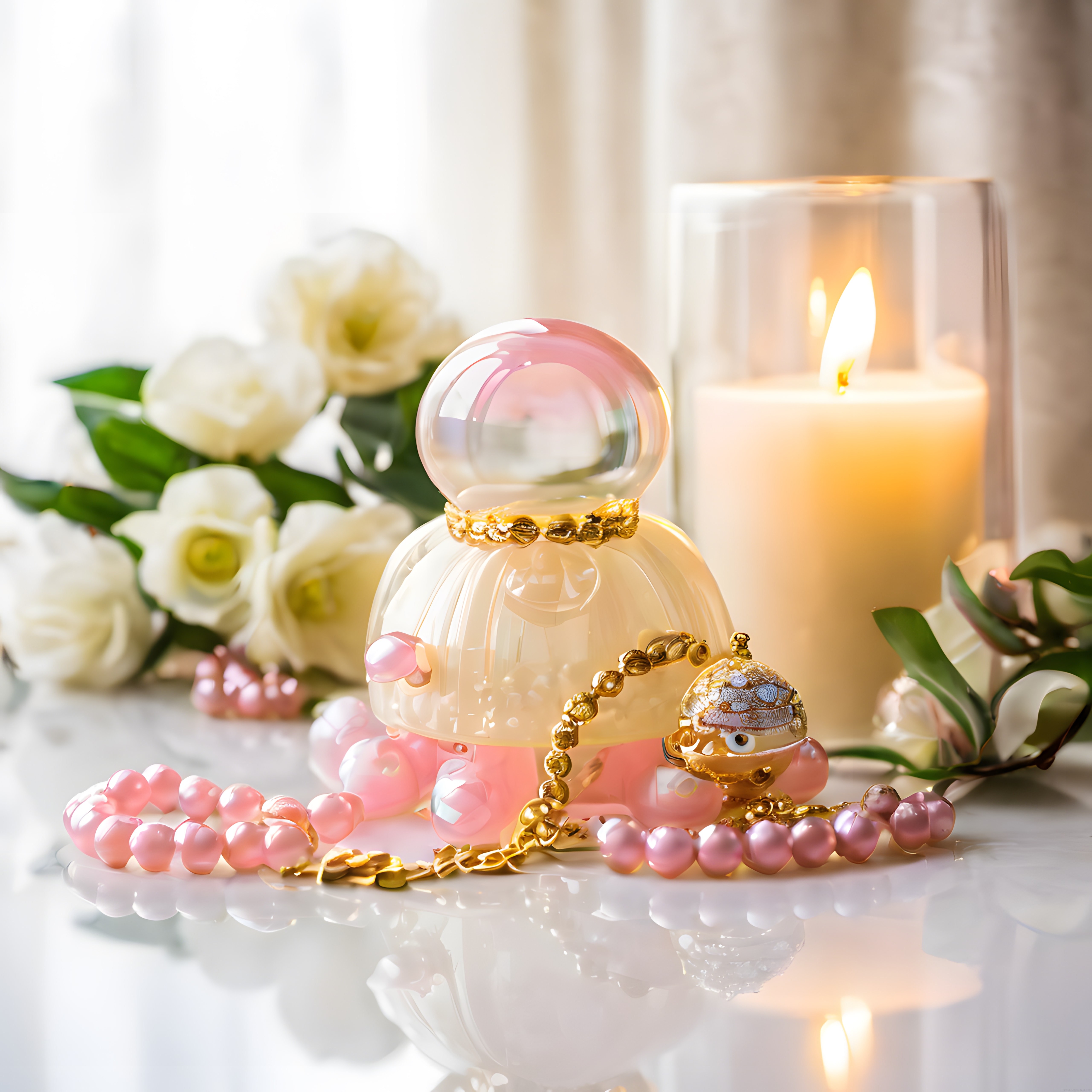 Pembe Kristal Parfüm Şişesi, İnci Takı ve Mum ile Romantik Masa Dekoru