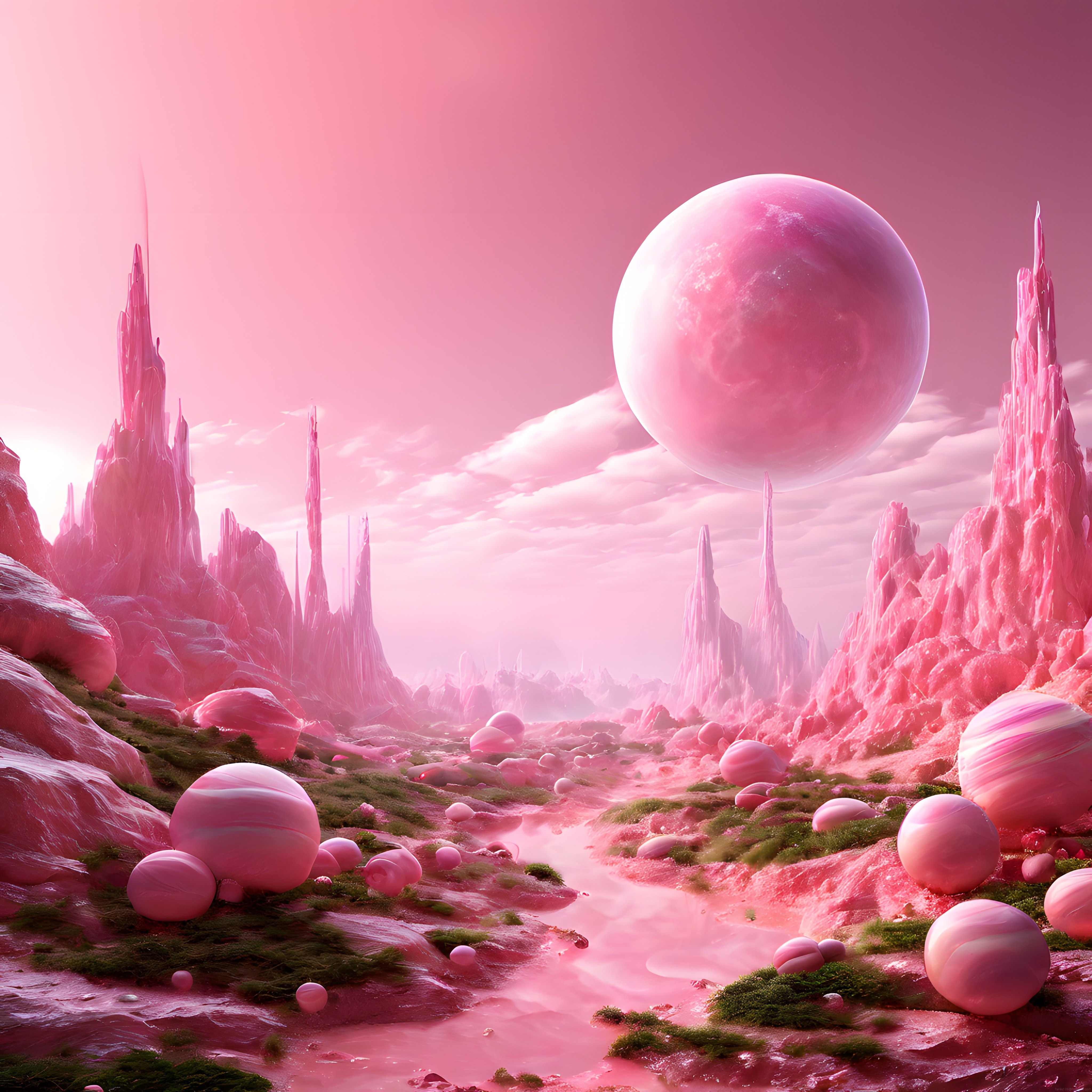 Pembe Kristal Vadide Dev Gezegen Ve Fantastik Uzay Manzarası 3D Dijital Sanat