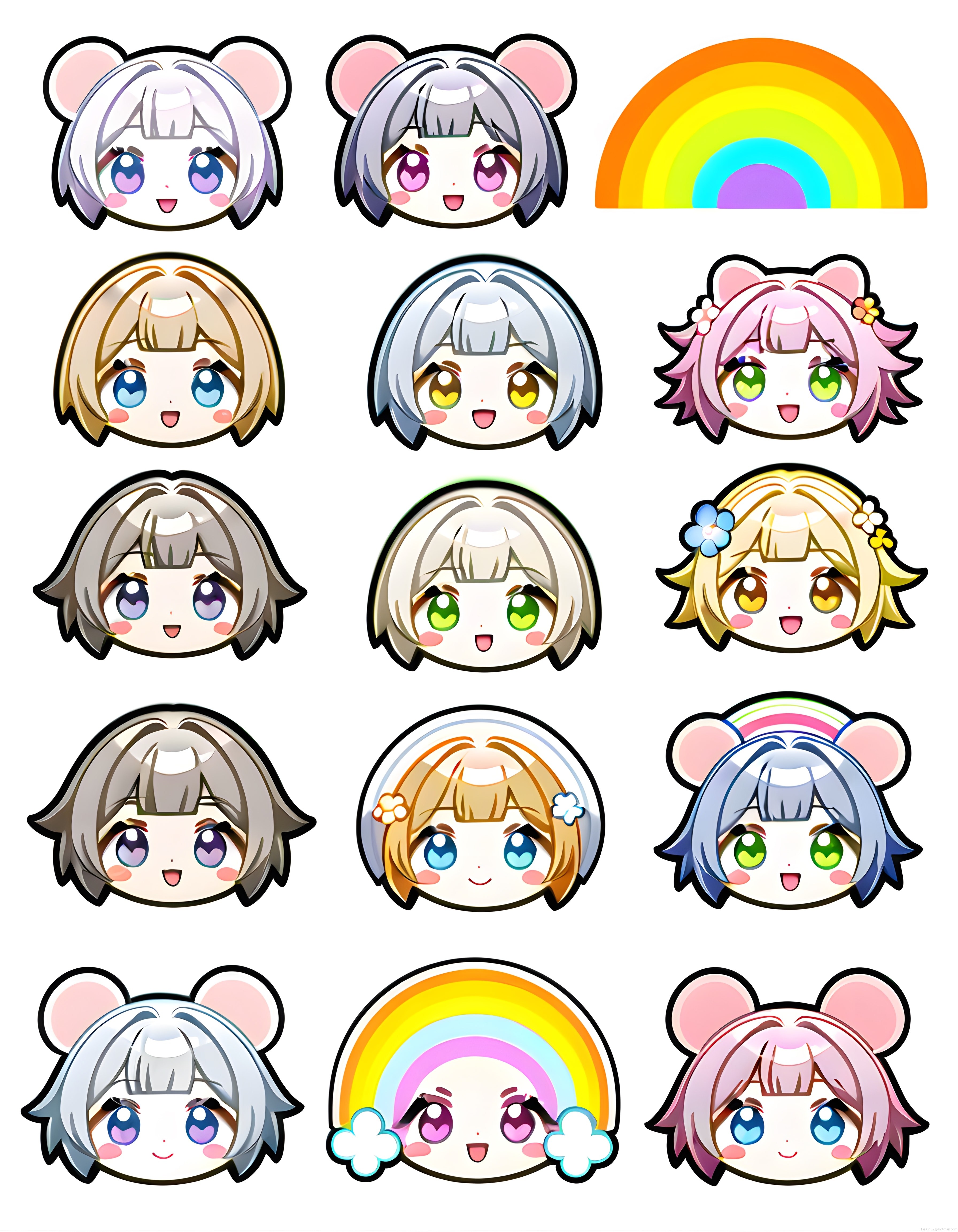 Pembe Kulaklı Anime Chibi Karakterleri ve Renkli Gökkuşağı Çıkartma Seti