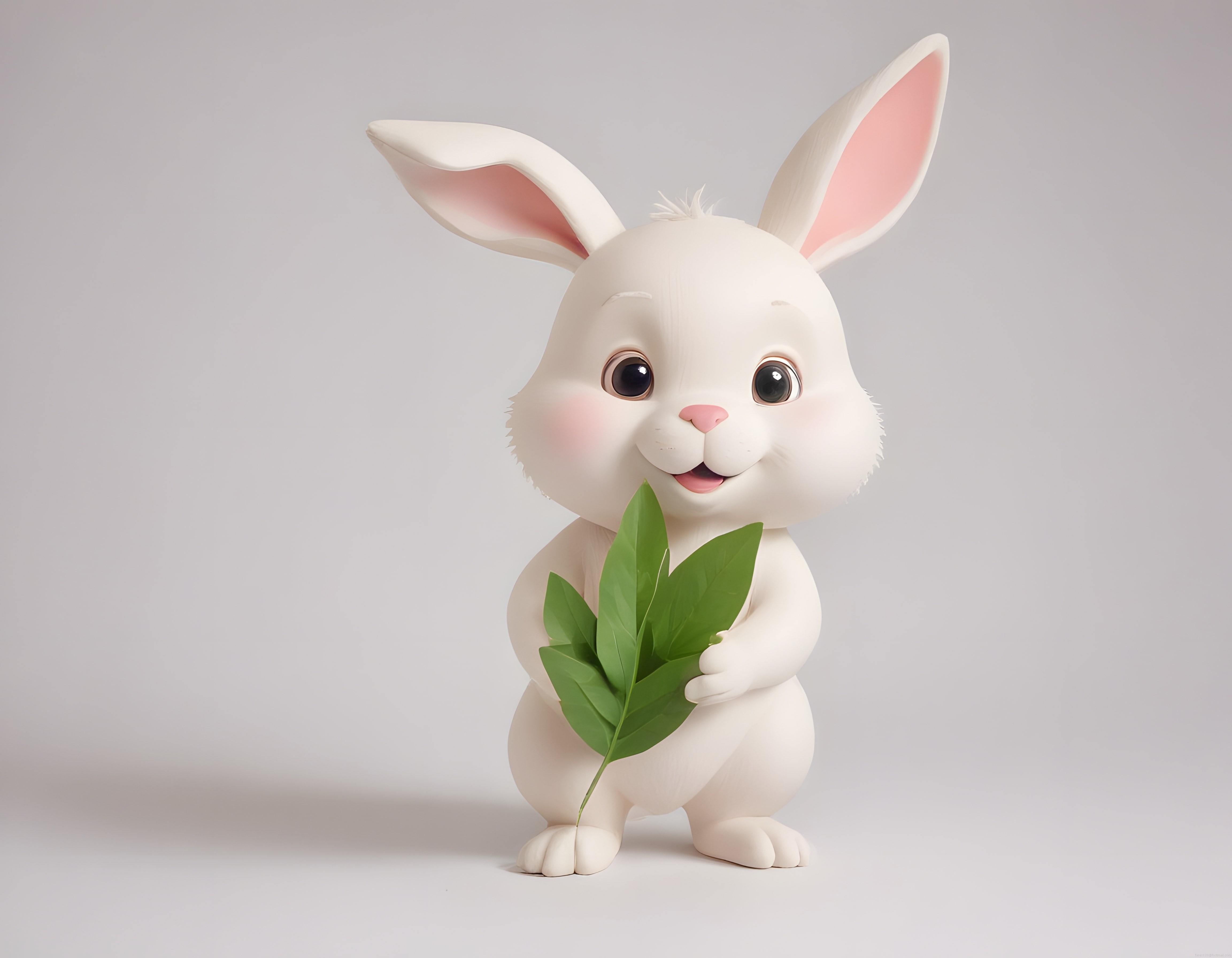 Pembe Kulaklı Sevimli 3D Beyaz Tavşan Karakteri Yeşil Yaprak Tutuyor
