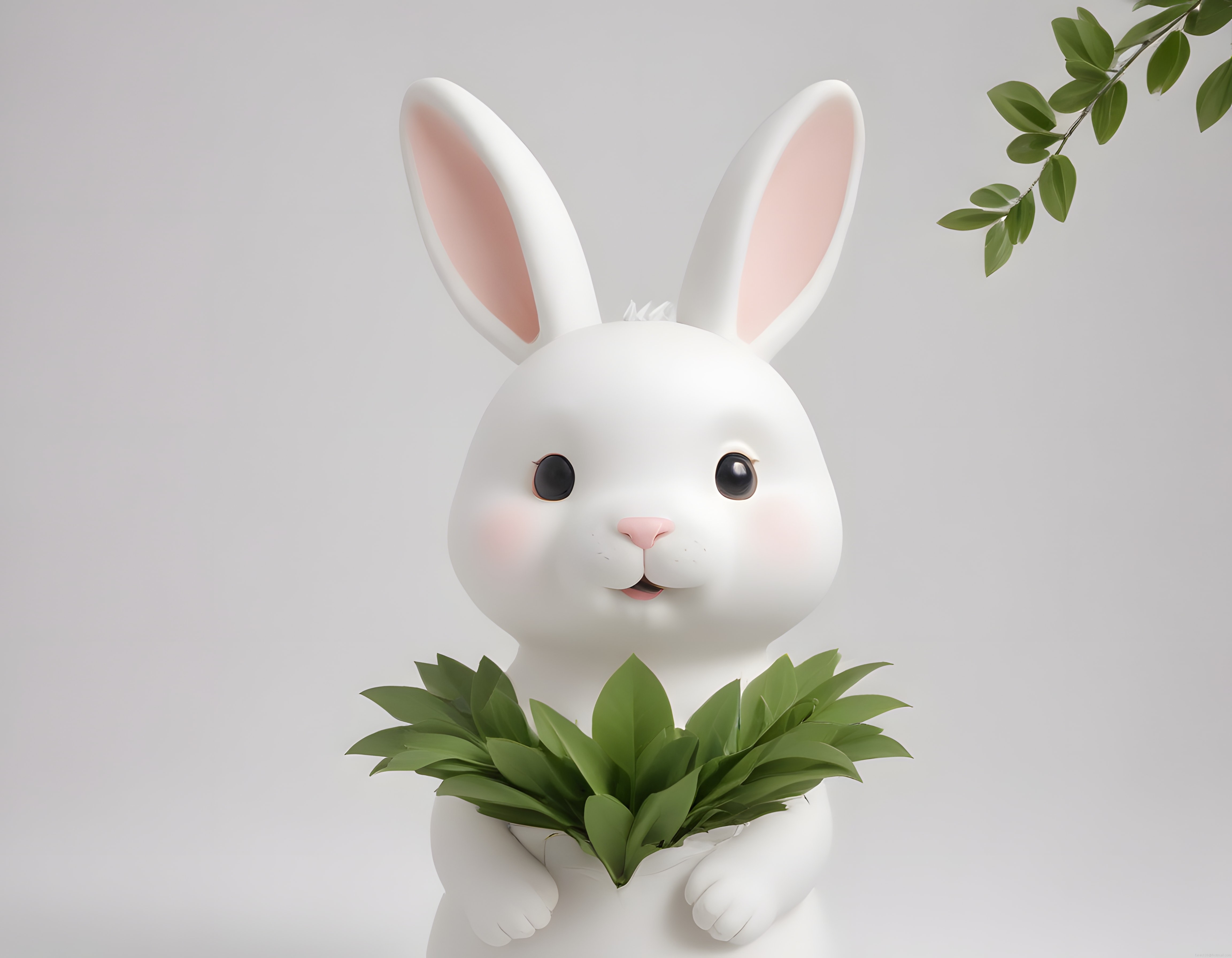 Pembe Kulaklı Sevimli Beyaz Tavşan ve Yeşil Yapraklar 3D Karakter Tasarımı