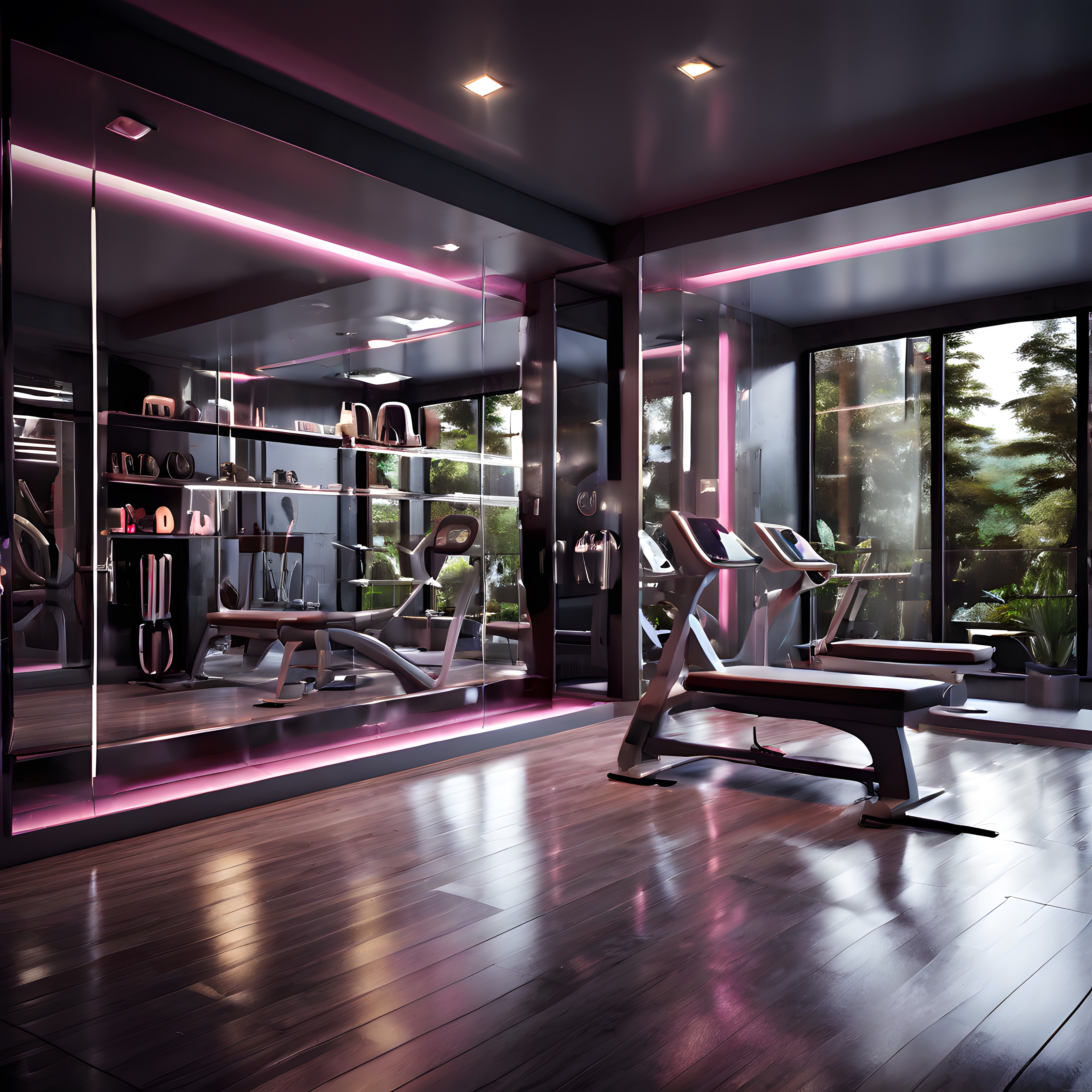Pembe LED Aydınlatmalı Modern Lüks Ev Spor Salonu ve Fitness Studio Tasarımı