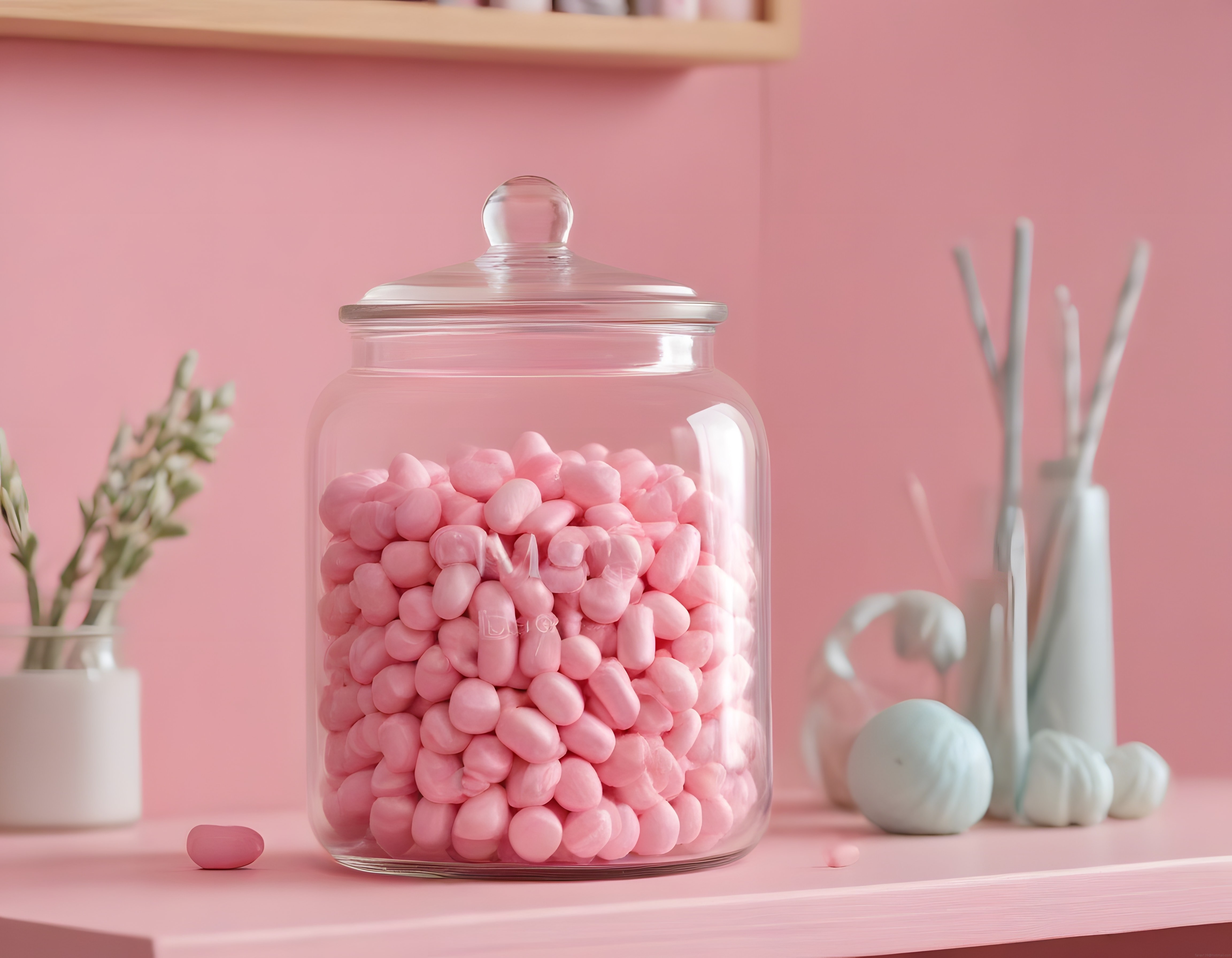 Pembe marshmallow dolu şeffaf kavanoz ve pastel renkli dekoratif raf stili