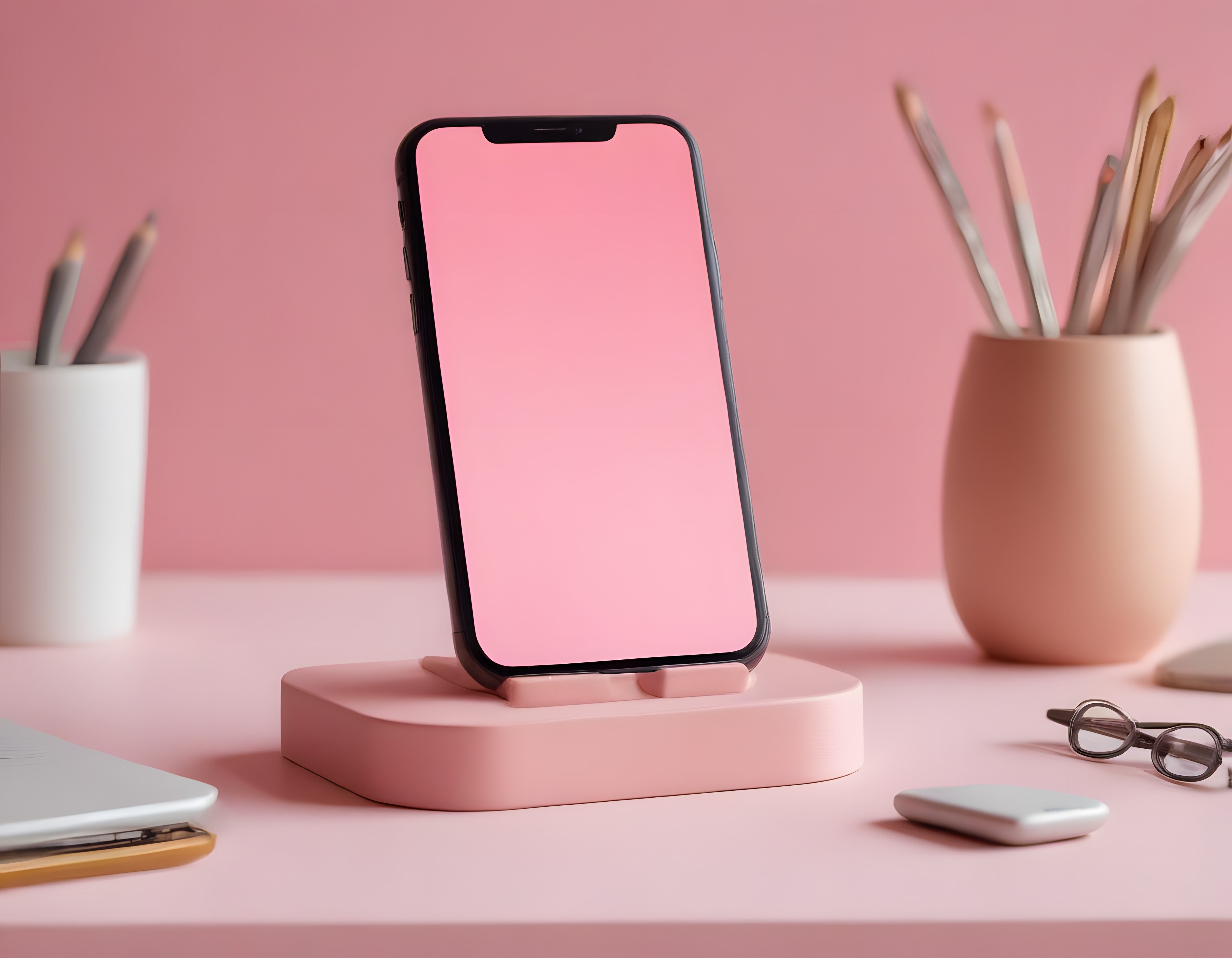 Pembe Masa Üzerinde Boş Ekranlı Akıllı Telefon ve Çalışma Malzemeleri
