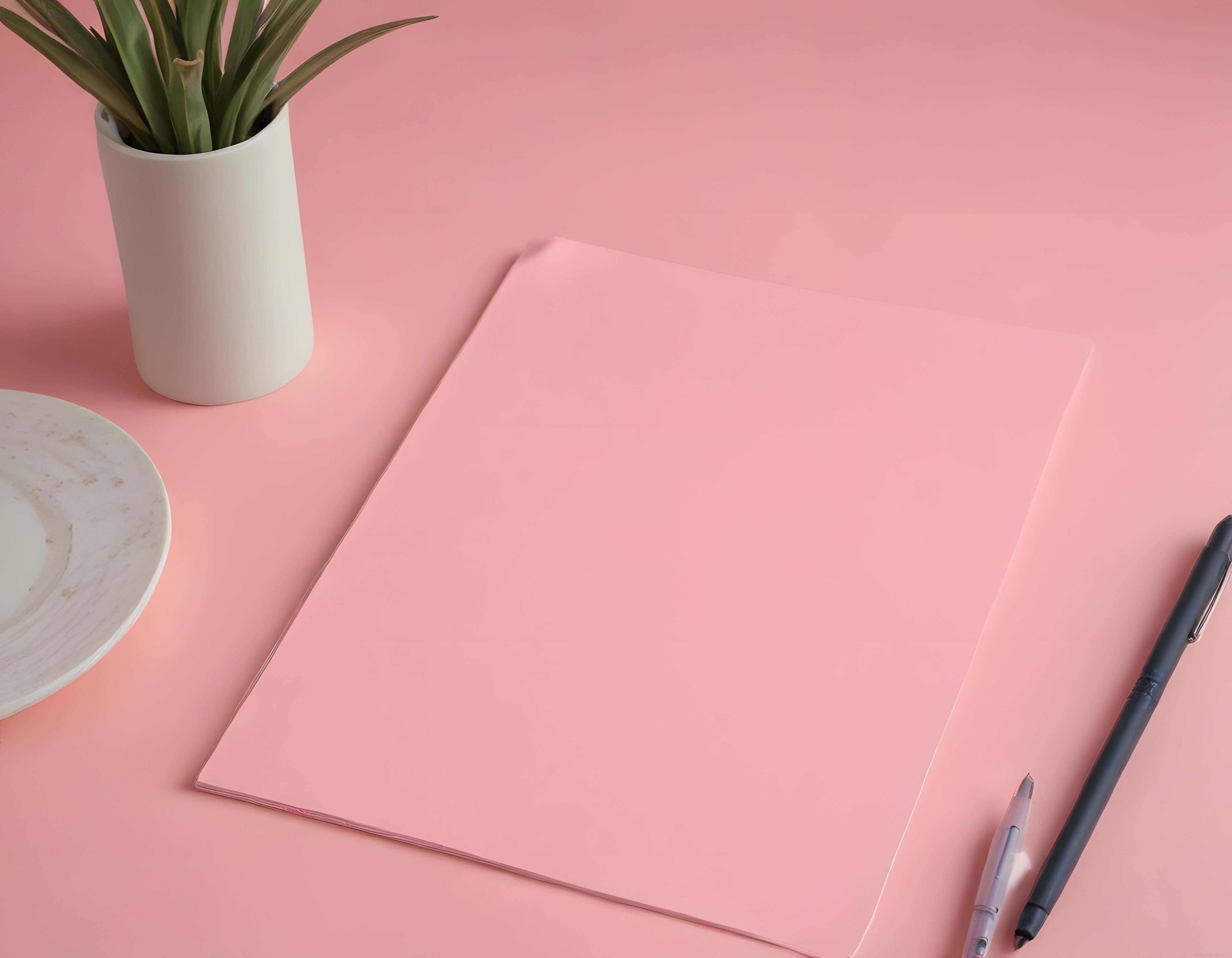 Pembe Masa Üzerinde Minimal Ofis Düzeni, Kırtasiye ve Saksı Bitkisi