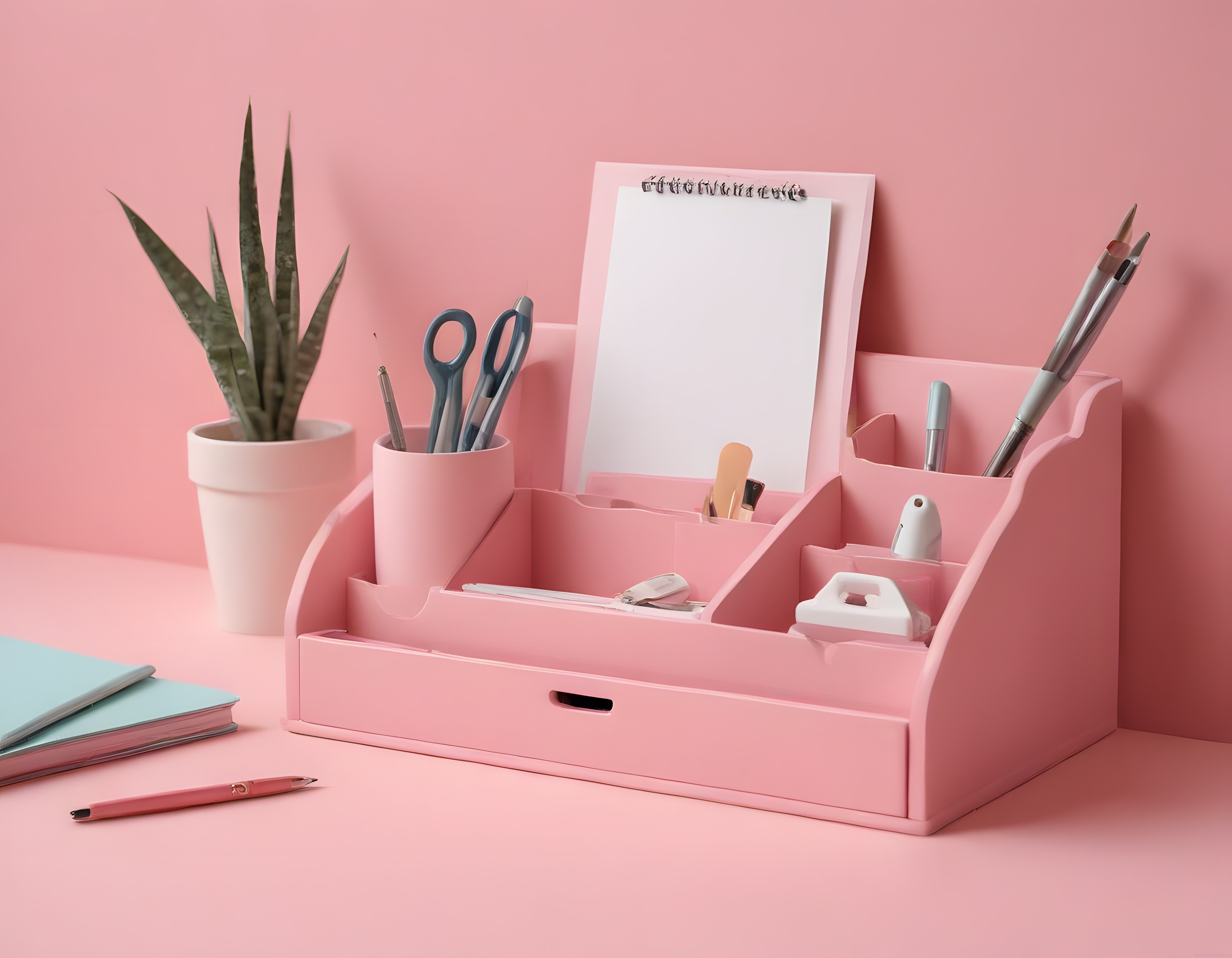 Pembe Masaüstü Düzenleyici ve Kırtasiye Aksesuarlarıyla Estetik Çalışma Alanı