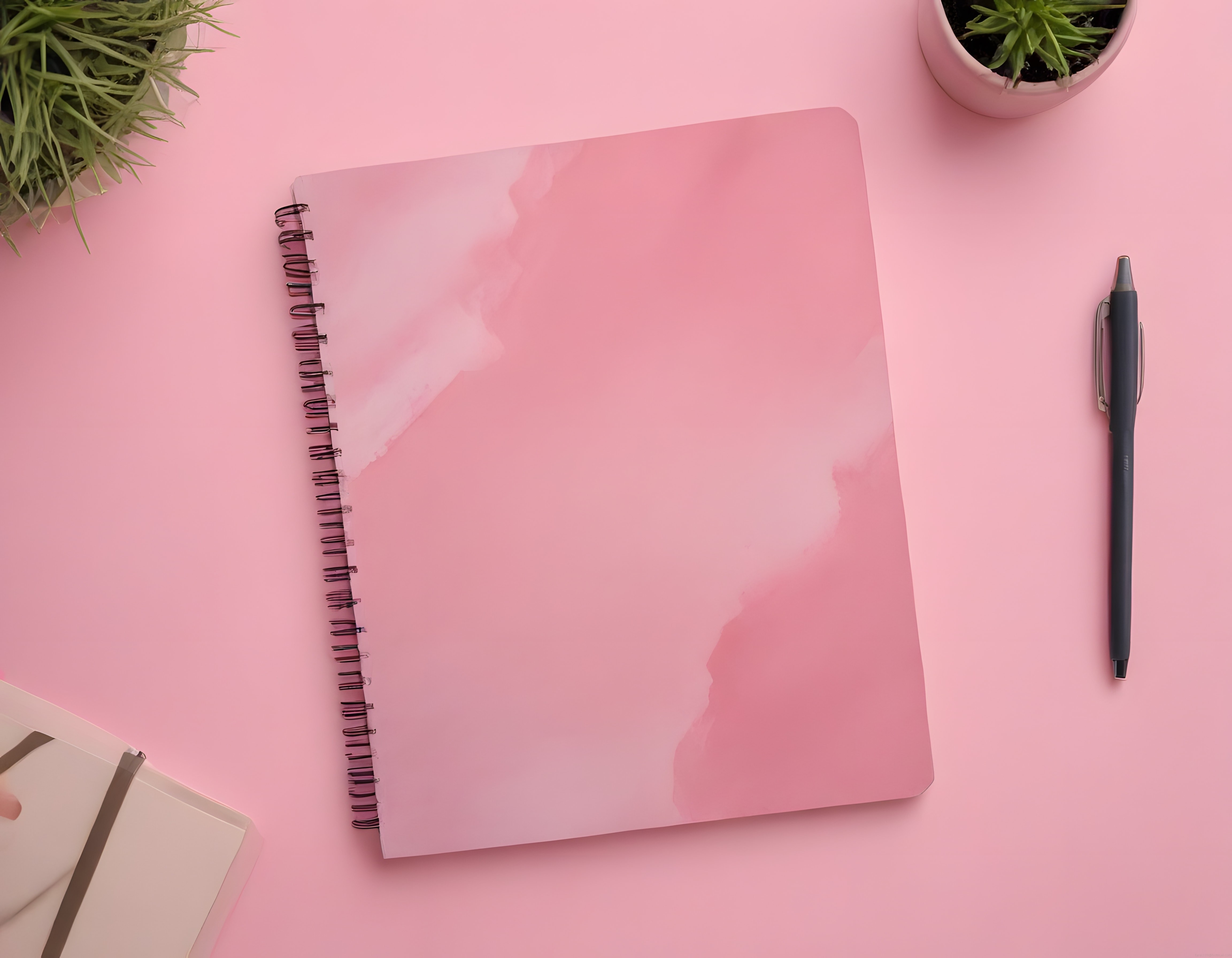 Pembe Masüstü Düzeni: Suluboya Defter, Bitkiler ve Kırtasiye Detayları