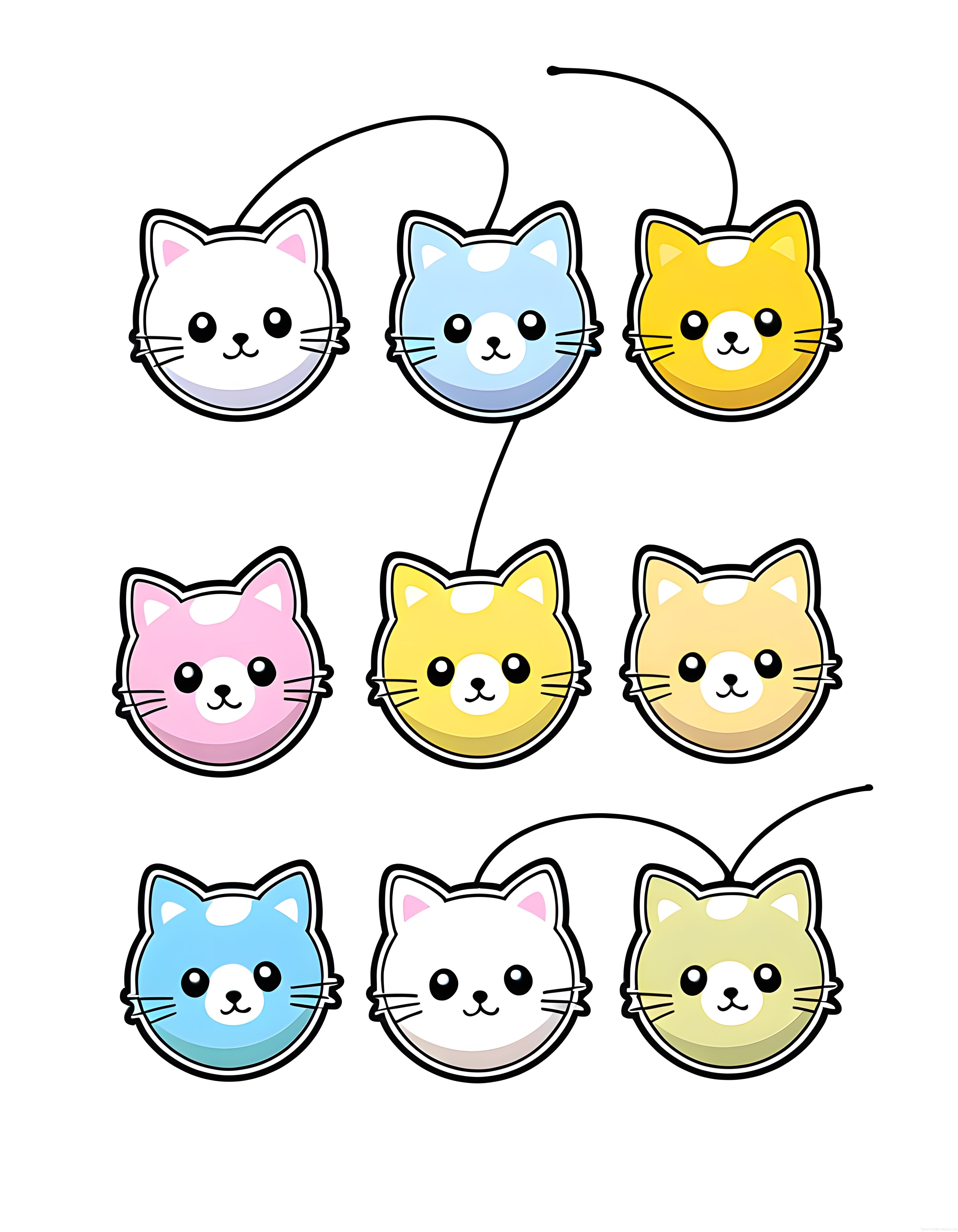 Pembe Mavi Sarı Dokuz Adet Sevimli Kedi Emoji ve Sticker Koleksiyonu