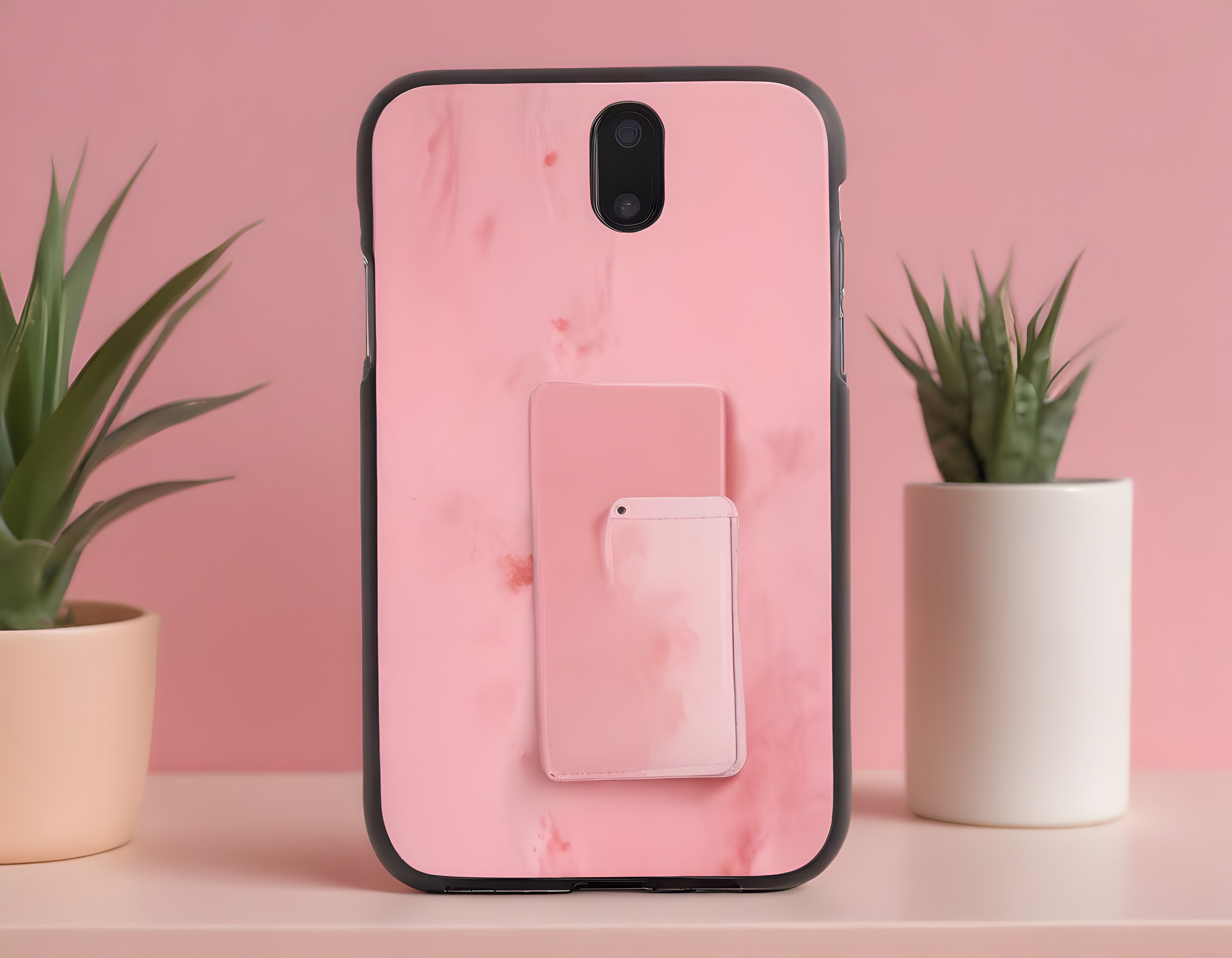 Pembe Mermer Desenli Şık Telefon Kılıfı ve Kart Tutucu Standı
