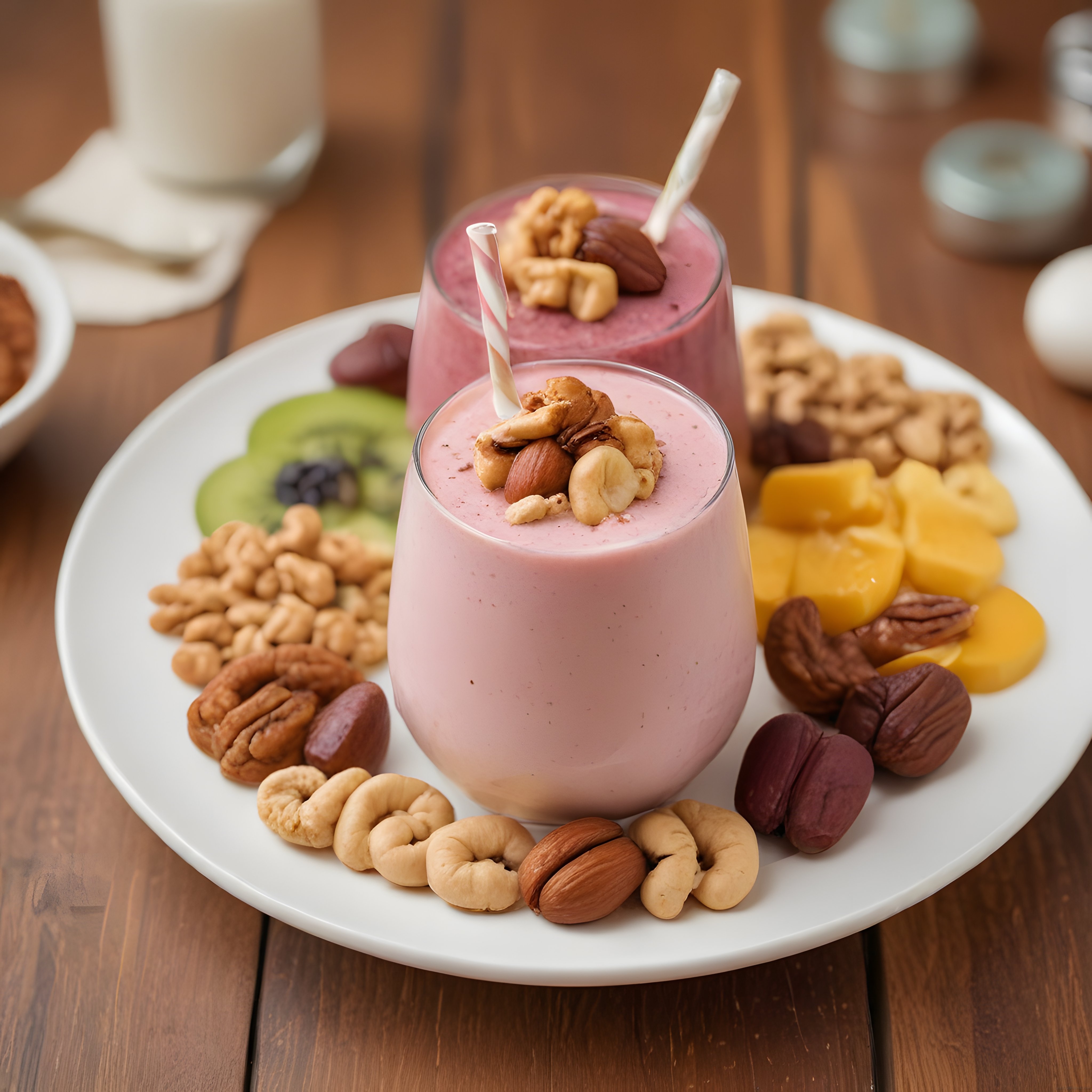 Pembe Meyveli Smoothie ve Kuruyemişli Sağlıklı Kahvaltı Tabağı