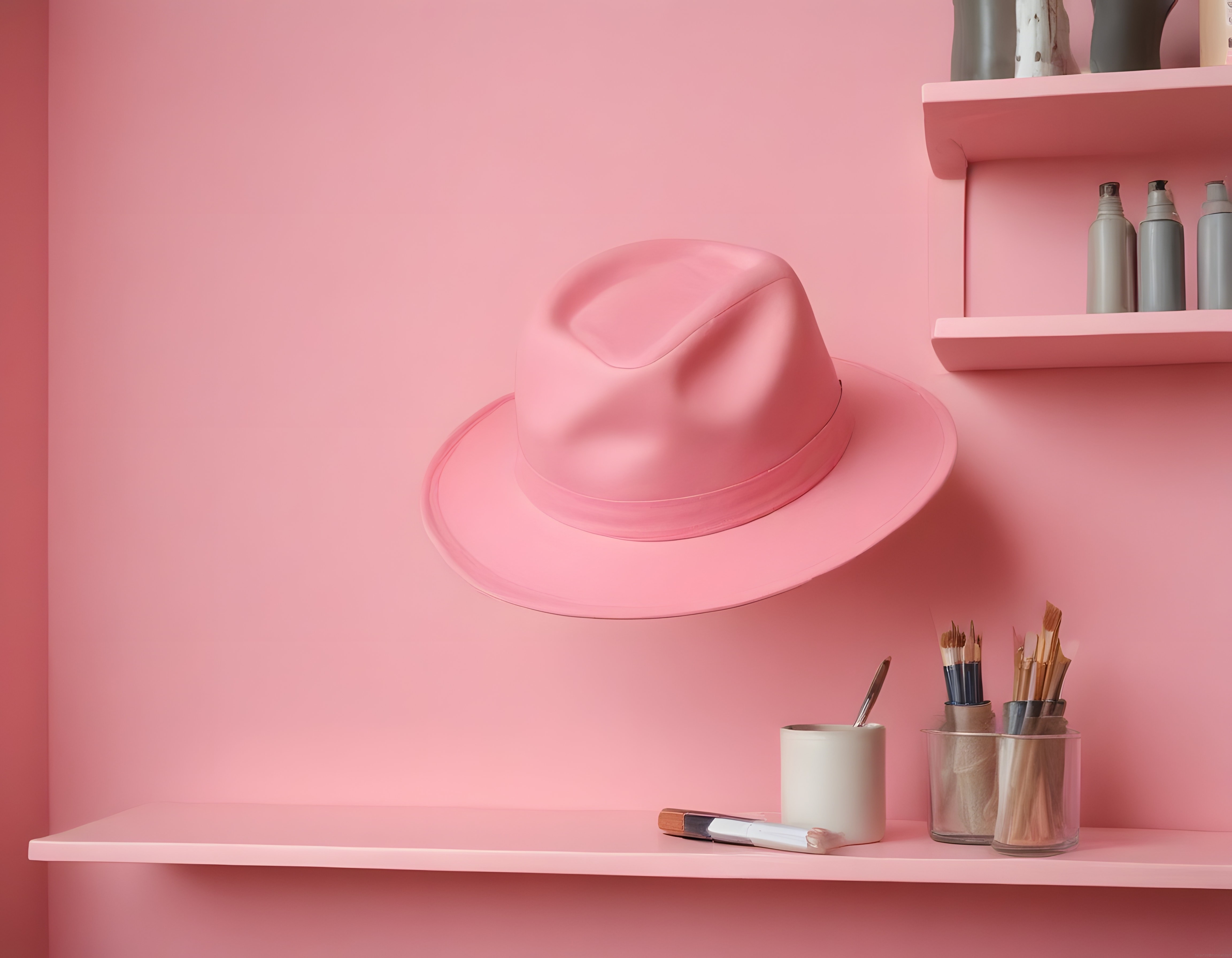 Pembe Monokrom Stüdyo Arka Planında Fötr Şapka ve Sanatsal Aksesuarlar