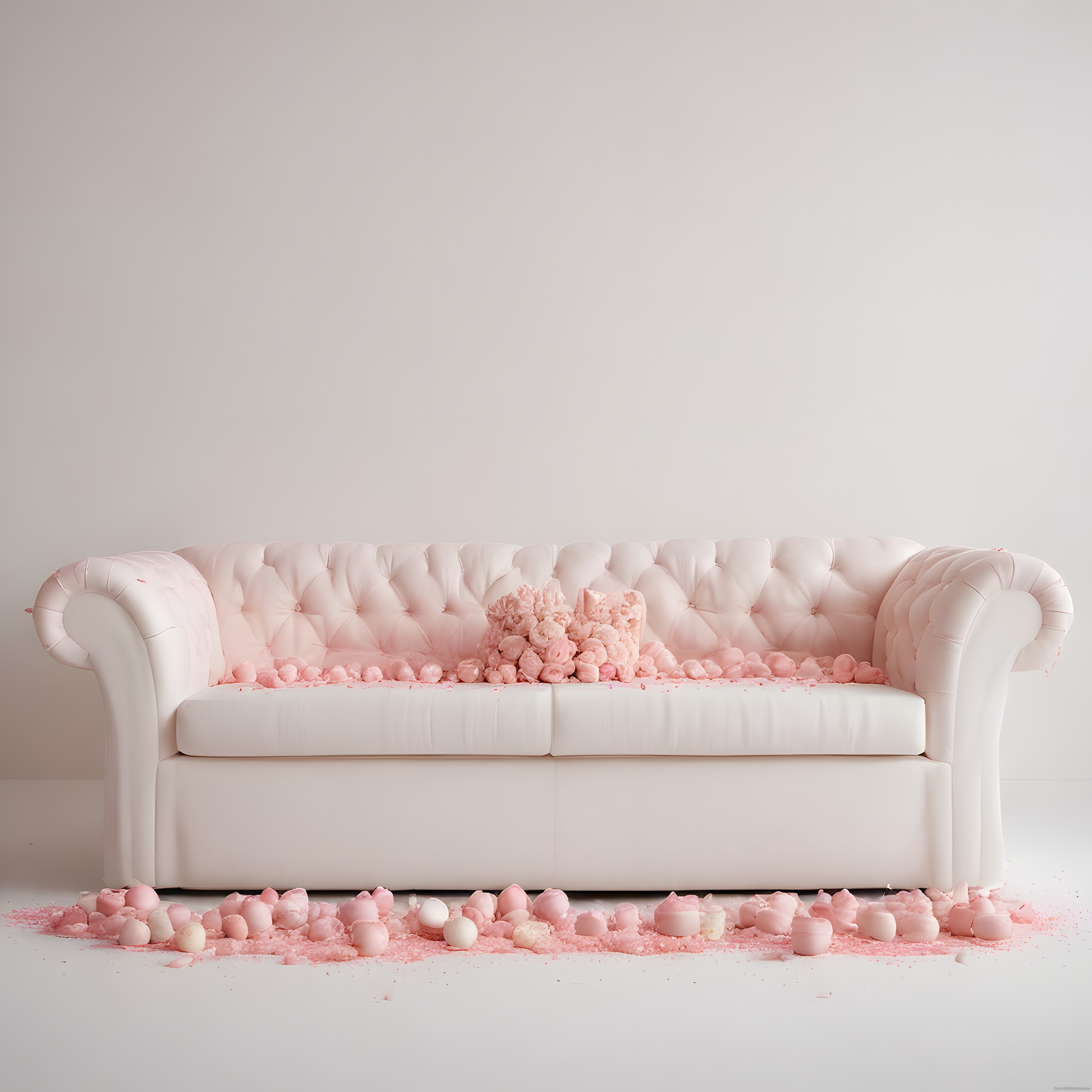 Pembe Mumlarla Süslenmiş Beyaz Chesterfield Kanepe Dekorasyonu
