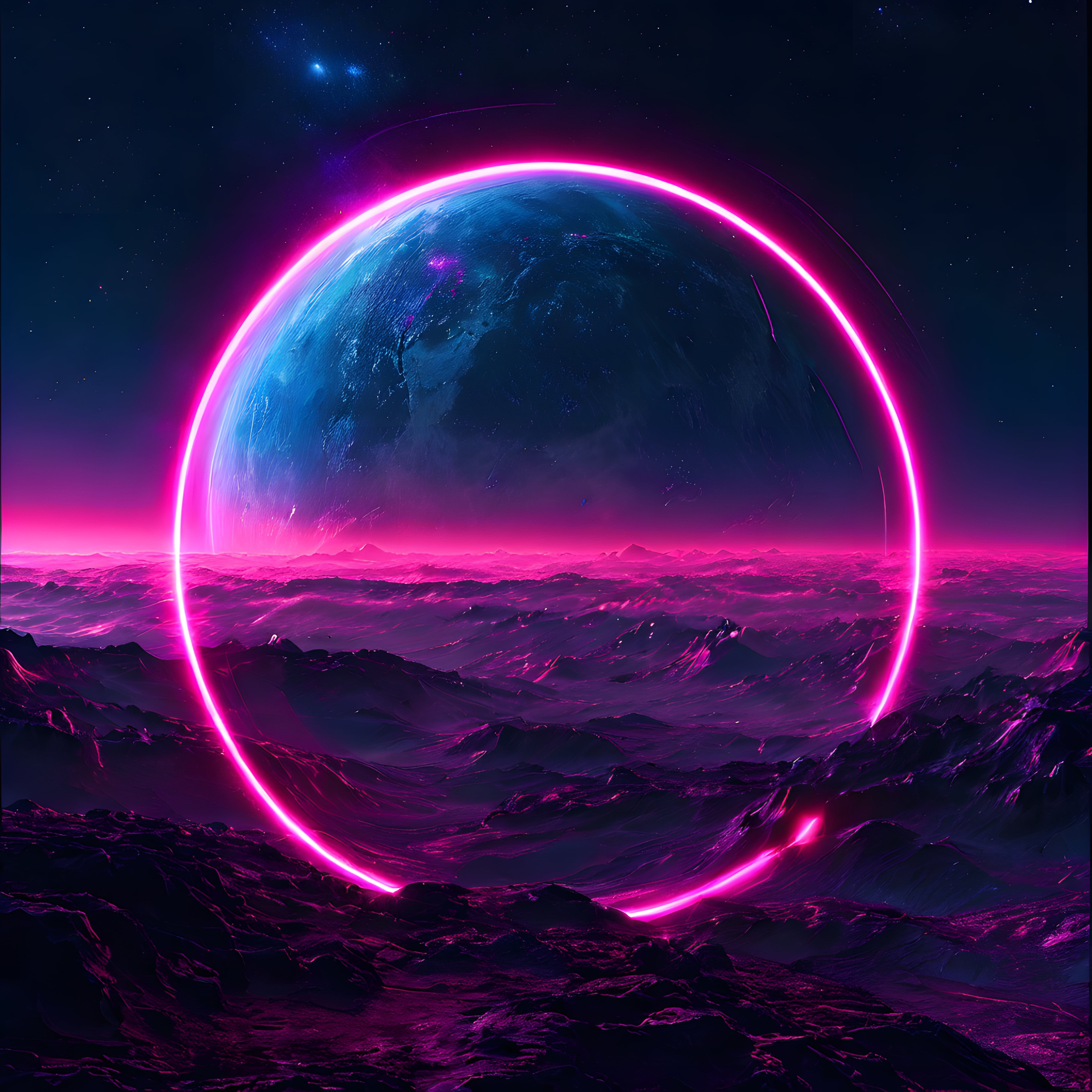 Pembe Neon Halkalı Yabancı Gezegen ve Uzayın Derinliklerindeki Büyüleyici Manzara